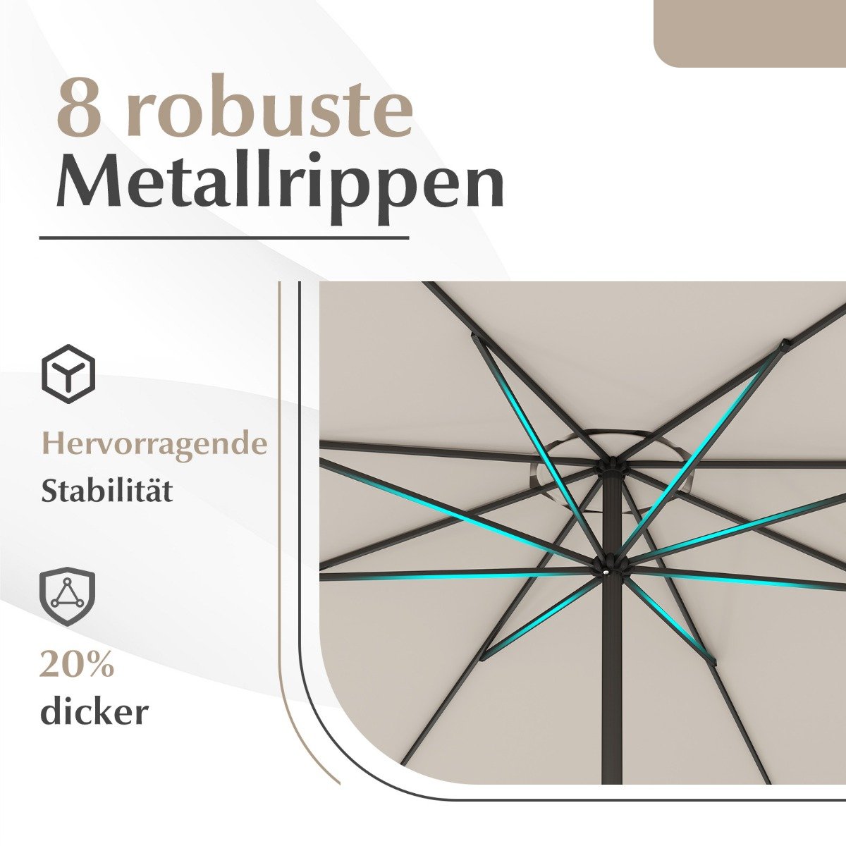 Sonnenschirm 350 cm großer Gartenschirm mit Kurbel Terrassenschirm mit 8 Rippen Beige