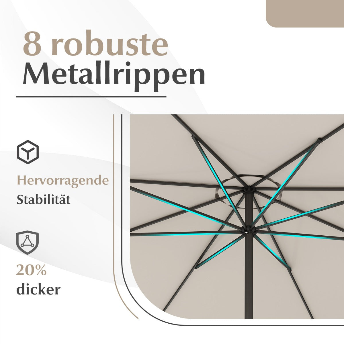 Sonnenschirm 350 cm großer Gartenschirm mit Kurbel Terrassenschirm mit 8 Rippen Beige