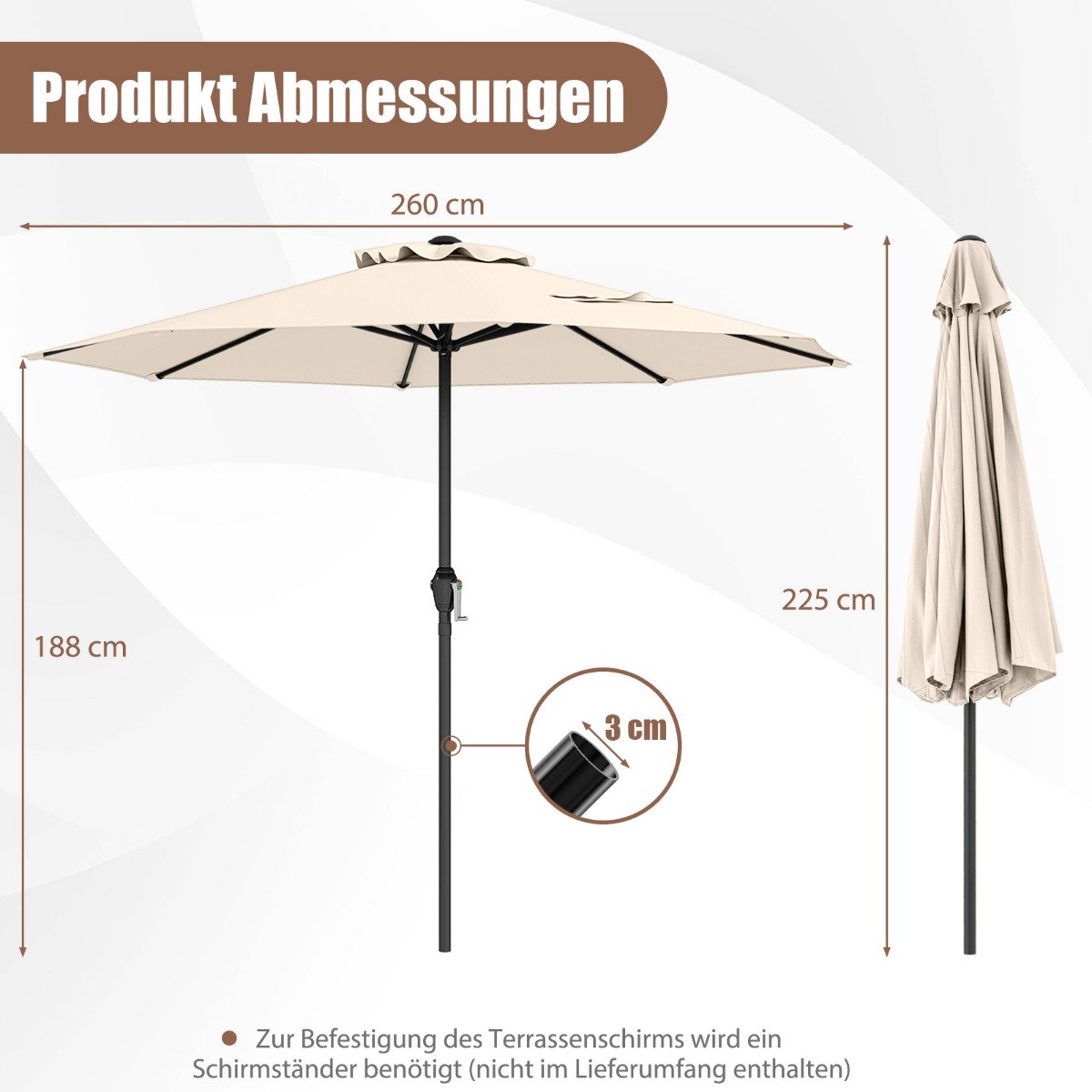 Sonnenschirm 250 cm Gartenschirm mit Kurbel Terrassenschirm mit 8 Rippen Beige