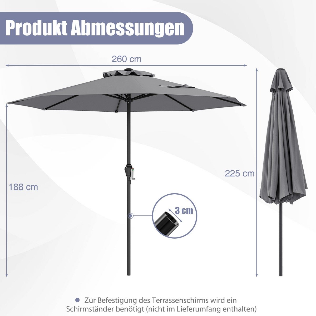 Sonnenschirm 250 cm Gartenschirm mit Kurbel Terrassenschirm mit 8 Rippen Grau