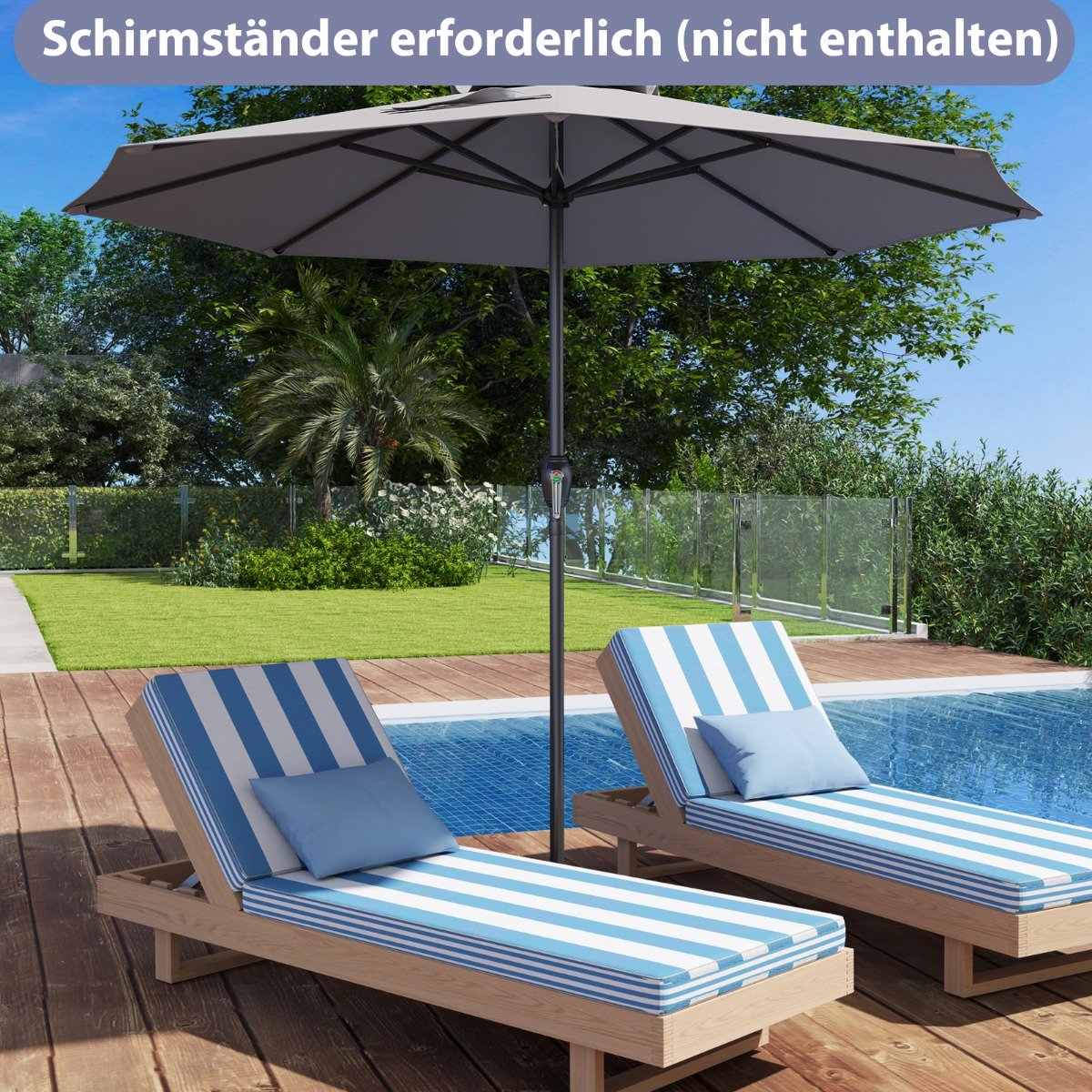 Sonnenschirm 250 cm Gartenschirm mit Kurbel Terrassenschirm mit 8 Rippen Grau