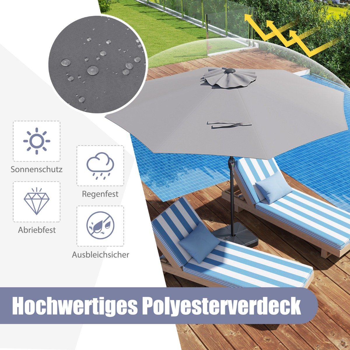 Sonnenschirm 250 cm Gartenschirm mit Kurbel Terrassenschirm mit 8 Rippen Grau
