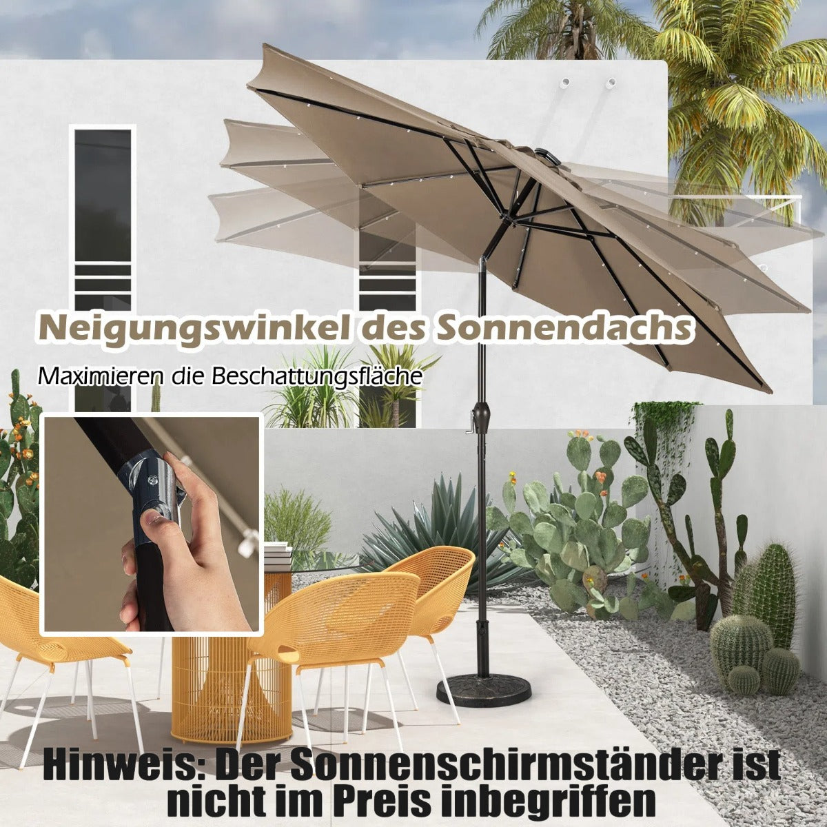 LED Beleuchtung Ampelschirm rund Sonnenschirm Solarbetrieben Gartenschirm Kurbel-braun-Ã¸ 3M