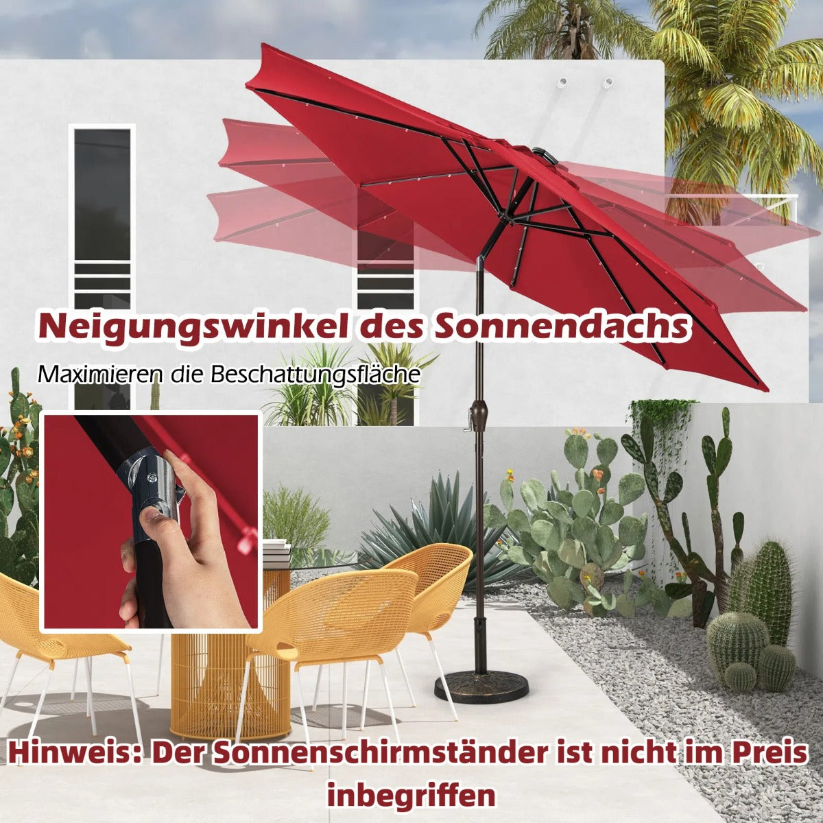 LED Beleuchtung Ampelschirm rund Sonnenschirm Solarbetrieben Gartenschirm Kurbel-rot- 3M