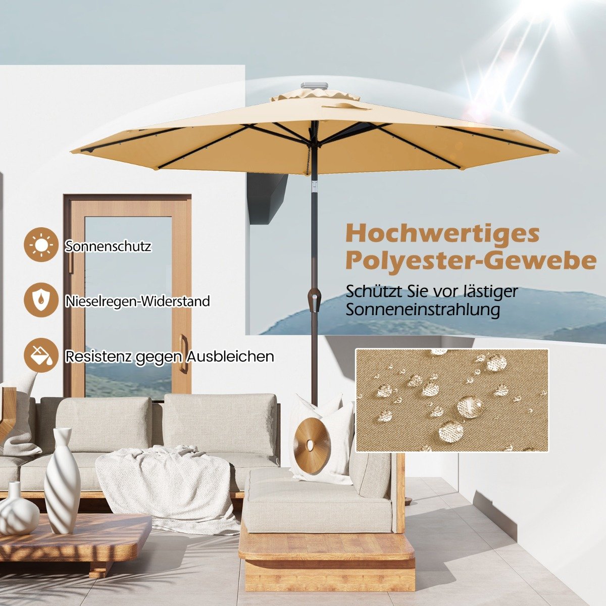 LED Beleuchtung Ampelschirm rund Sonnenschirm Solarbetrieben Gartenschirm Kurbel-beige-Ã¸ 3M