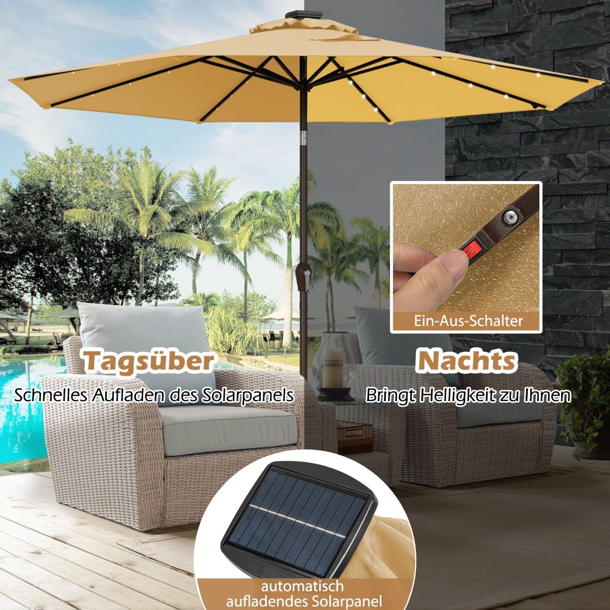 LED Beleuchtung Ampelschirm rund Sonnenschirm Solarbetrieben Gartenschirm Kurbel-beige-Ã¸ 3M