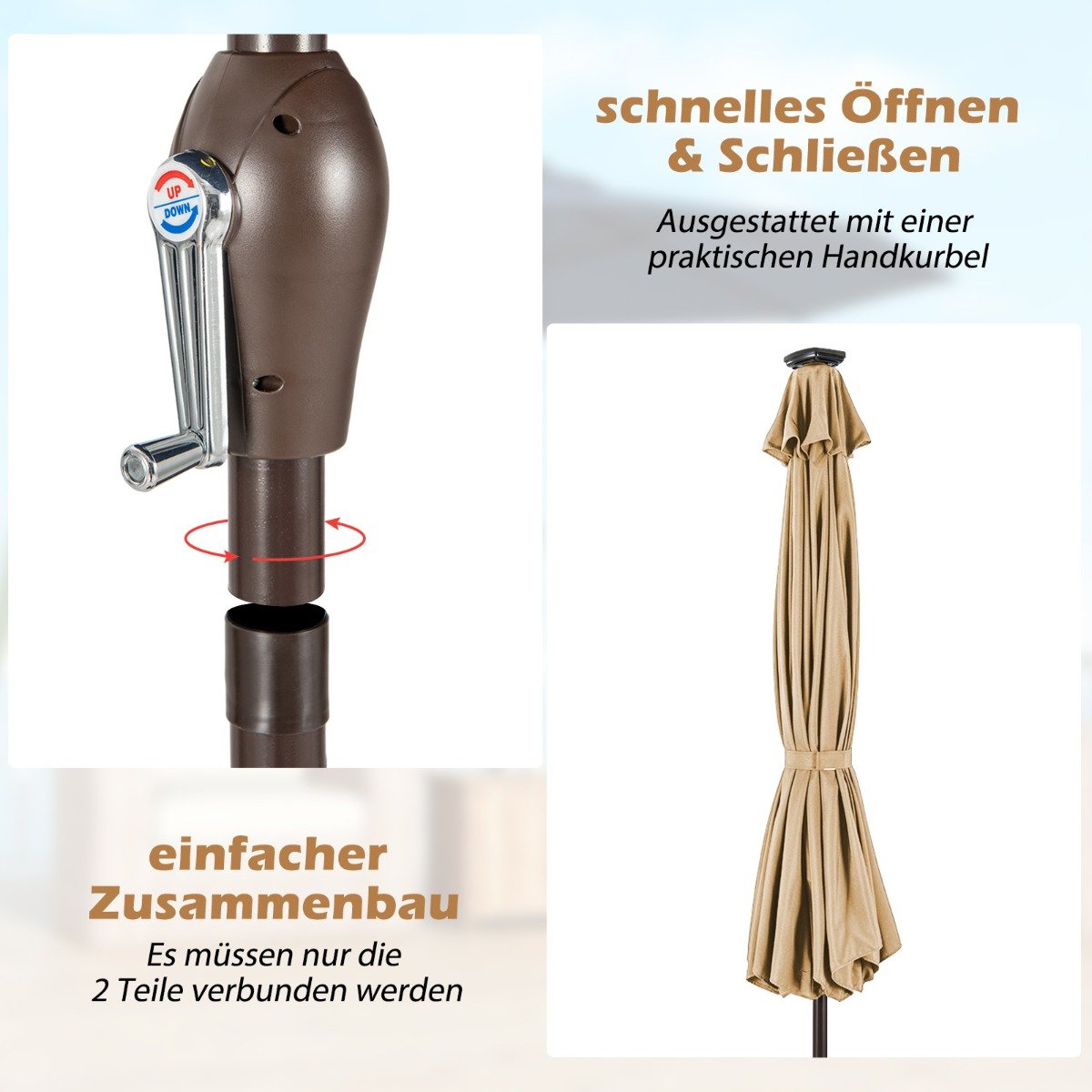 LED Beleuchtung Ampelschirm rund Sonnenschirm Solarbetrieben Gartenschirm Kurbel-beige-Ã¸ 3M