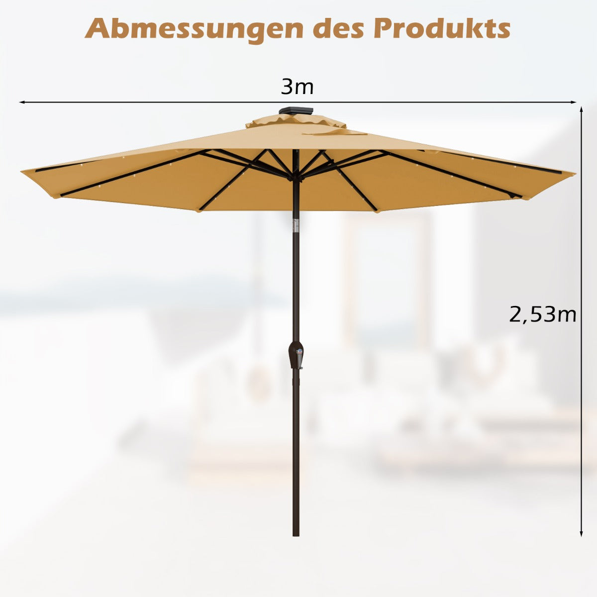 LED Beleuchtung Ampelschirm rund Sonnenschirm Solarbetrieben Gartenschirm Kurbel-beige-Ã¸ 3M