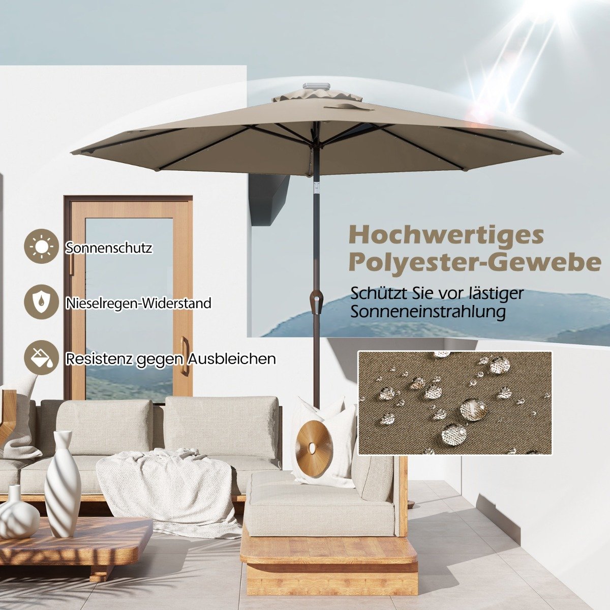 LED Beleuchtung Ampelschirm rund Sonnenschirm Solarbetrieben Gartenschirm Kurbel-braun-Ã¸ 3M
