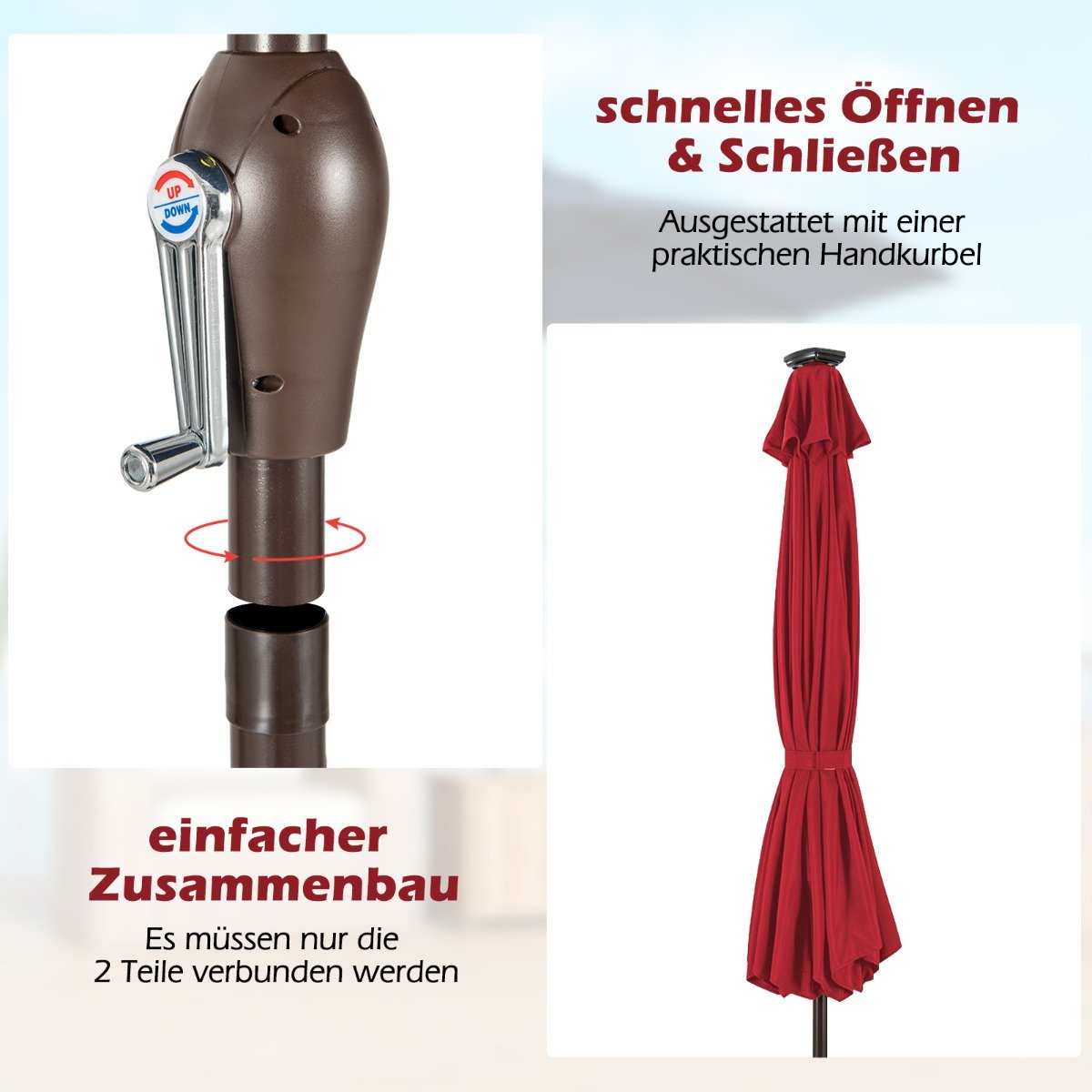 LED Beleuchtung Ampelschirm rund Sonnenschirm Solarbetrieben Gartenschirm Kurbel-rot- 3M