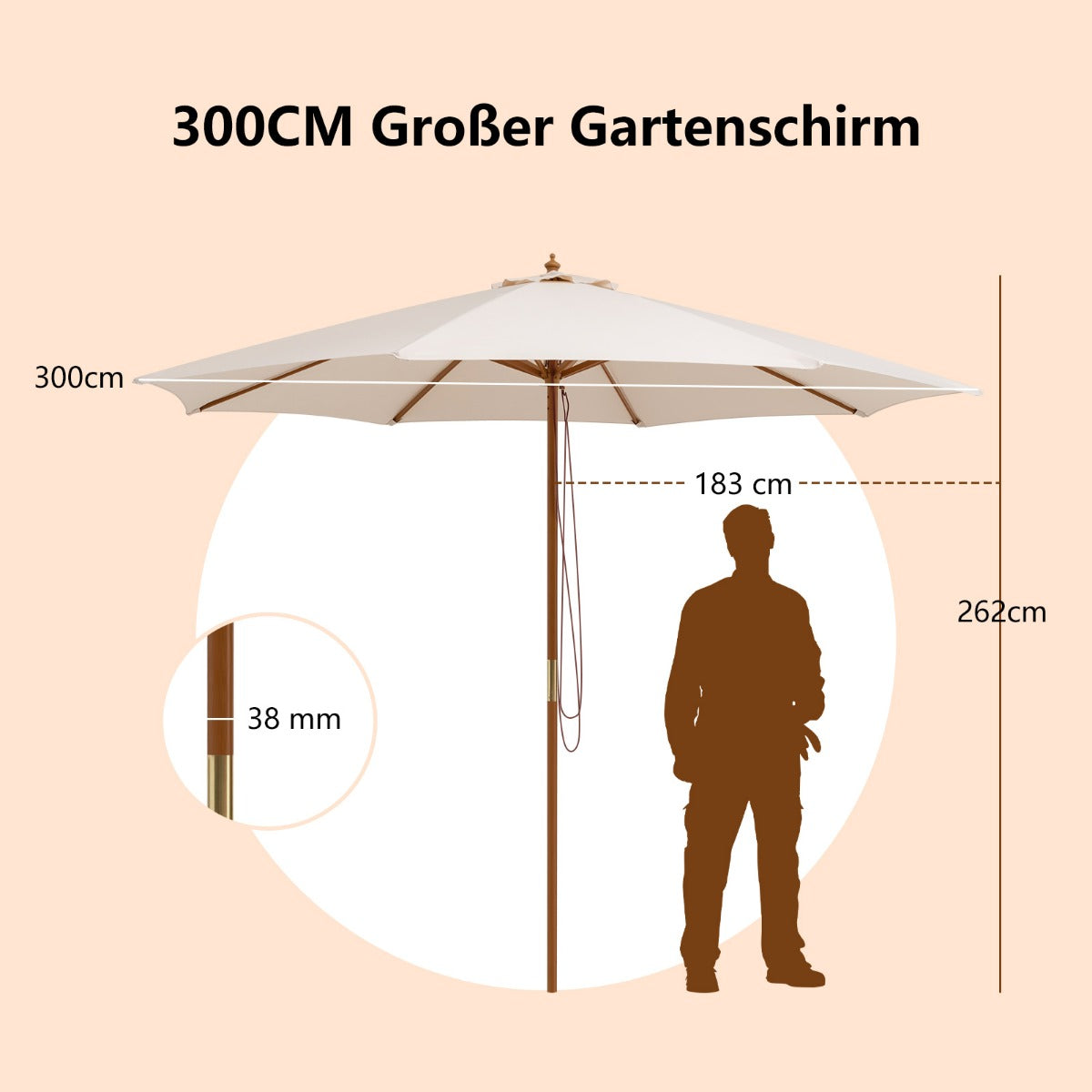 300 cm großer Sonnenschirm aus Holz Tischschirm mit 8 Bambusrippen 300 x 300 x 262 cm Beige