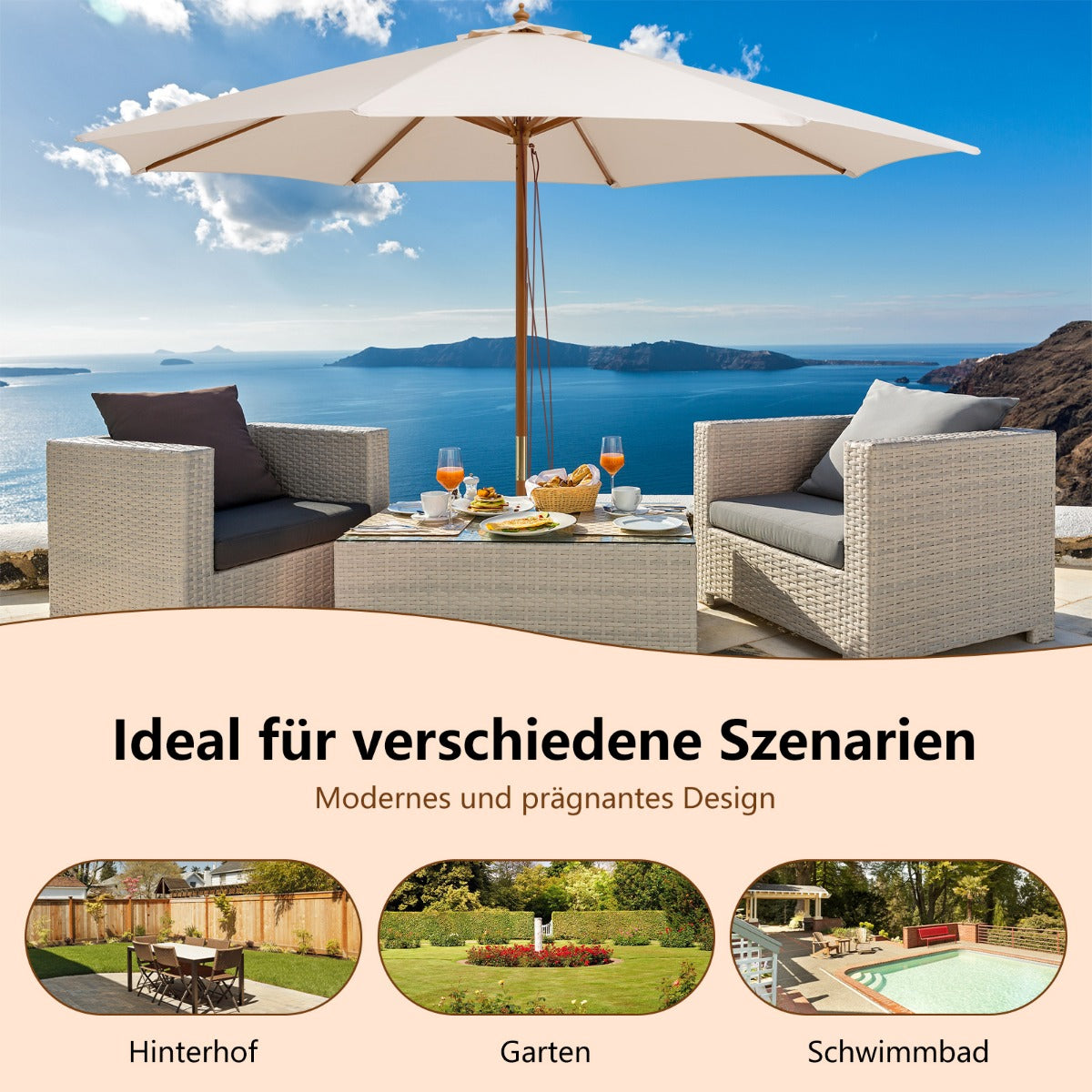 300 cm großer Sonnenschirm aus Holz Tischschirm mit 8 Bambusrippen 300 x 300 x 262 cm Beige