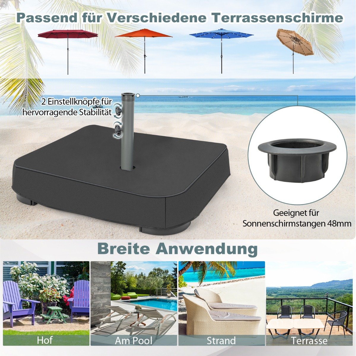 Sonnenschirmständer mit Sandsäcken (90 kg Füllkapazität) 73 x 73 x 41 cm Schwarz