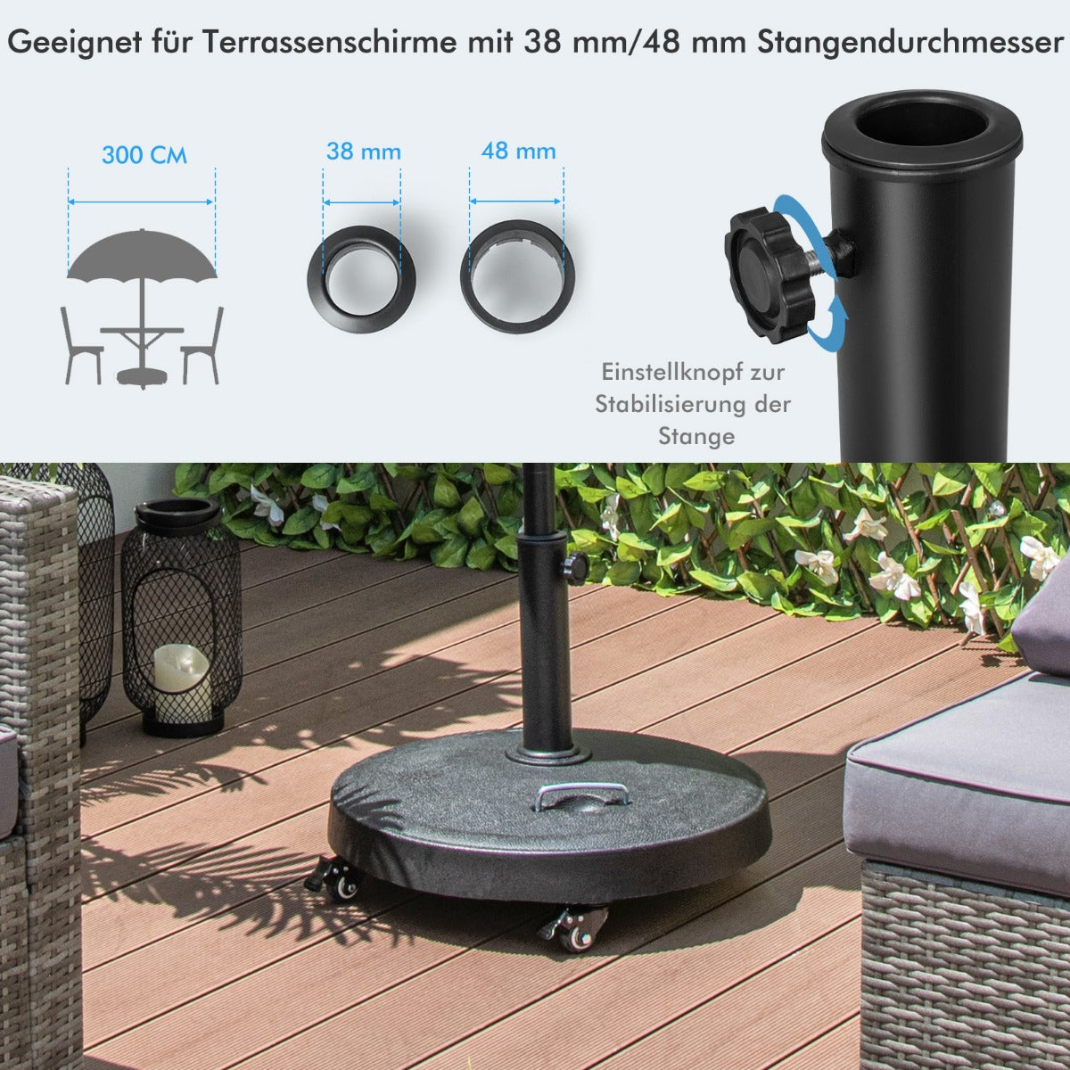23 kg SonnenschirmstÃ¤nder mit Rollen & Griffen Schirmständer für Schirmstangen von 38/48 mm Ã˜52 cm MarktschirmstÃ¤nder