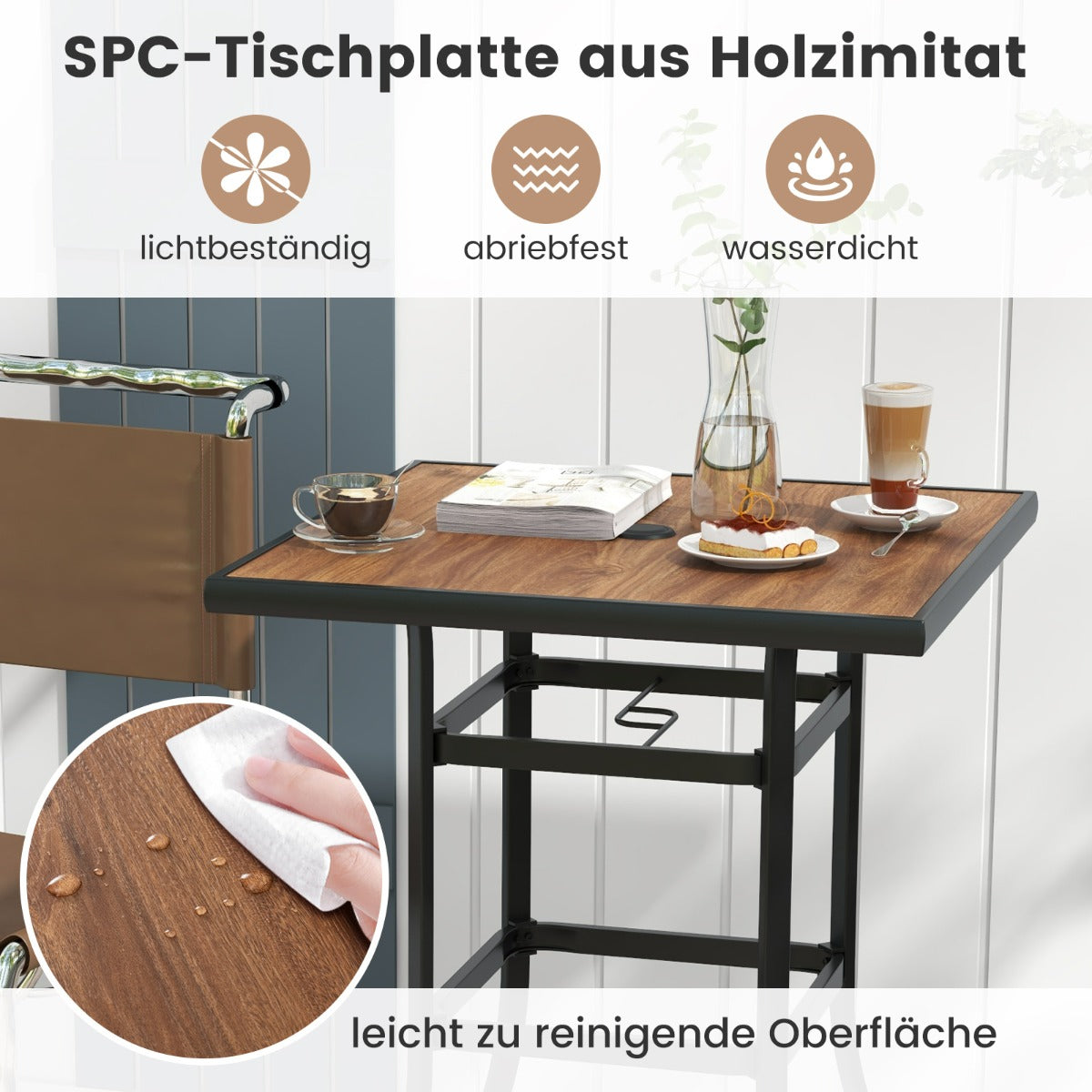 Bistrotisch mit Schirmloch & Tischplatte in Holzoptik Gartentisch Quadratischer Balkontisch