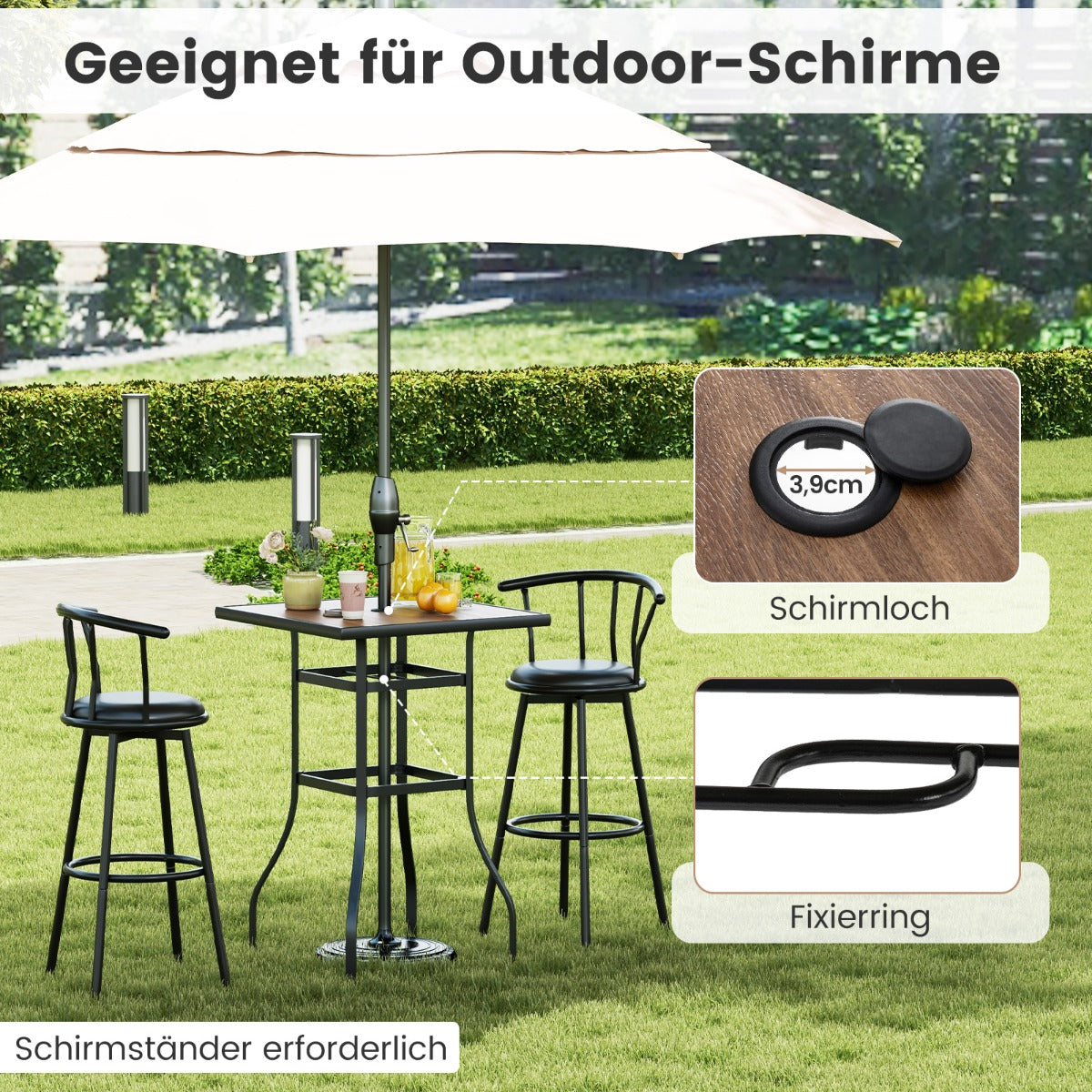 Bistrotisch mit Schirmloch & Tischplatte in Holzoptik Gartentisch Quadratischer Balkontisch