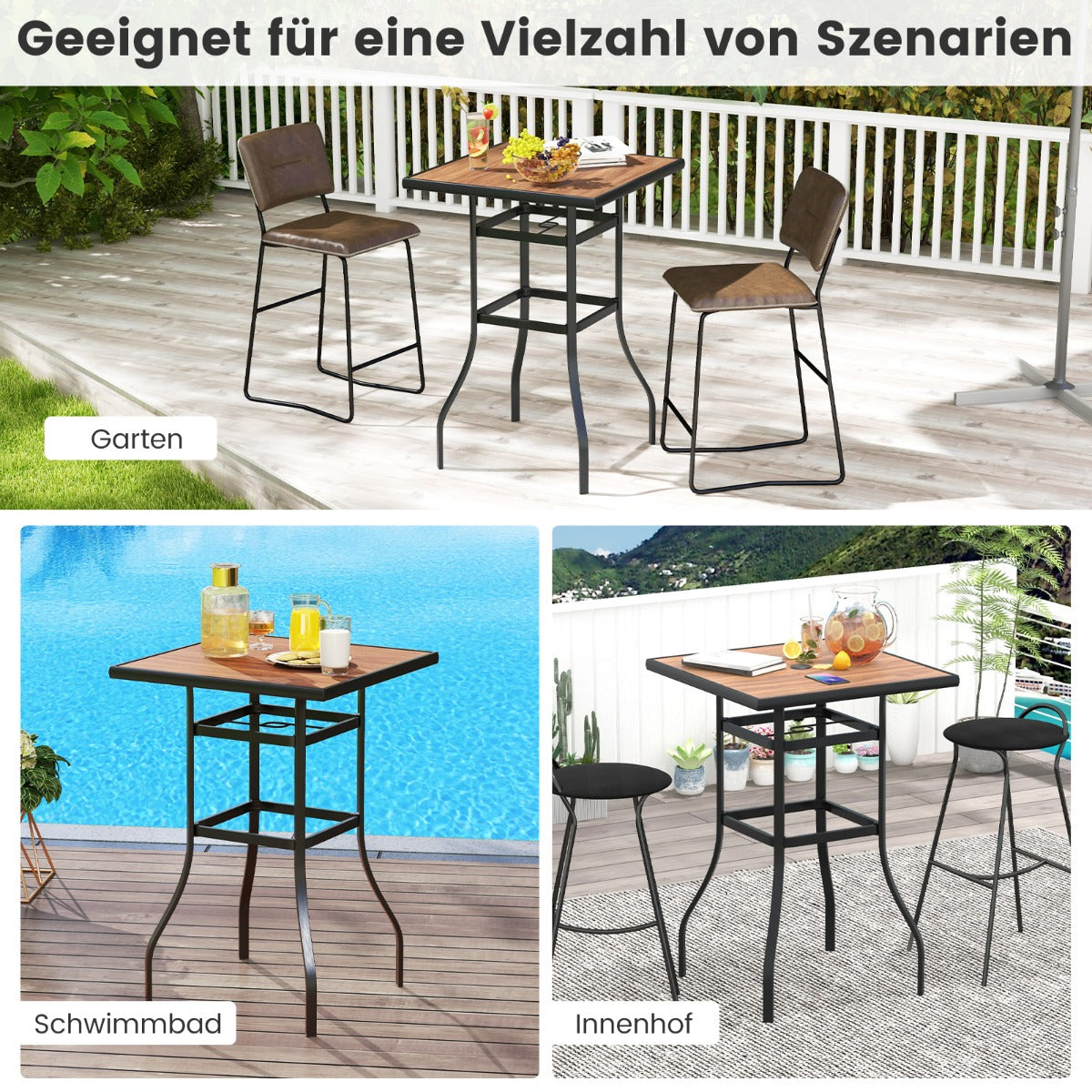 Bistrotisch mit Schirmloch & Tischplatte in Holzoptik Gartentisch Quadratischer Balkontisch