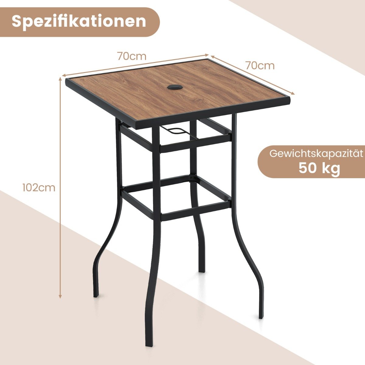 Bistrotisch mit Schirmloch & Tischplatte in Holzoptik Gartentisch Quadratischer Balkontisch