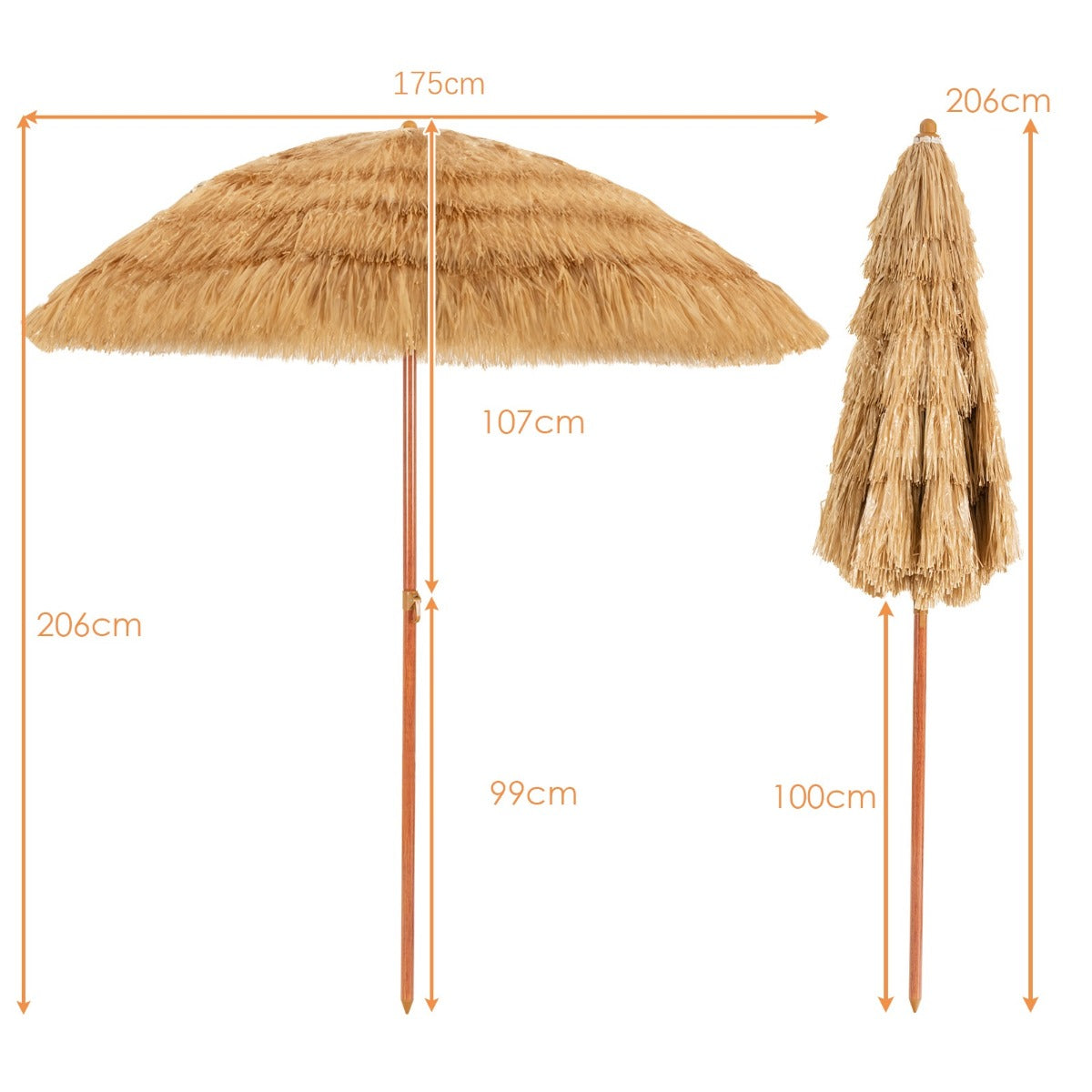 Strandschirm 175 cm Sonnenschirm Reisstroh Strandschirm Weiß + Beige