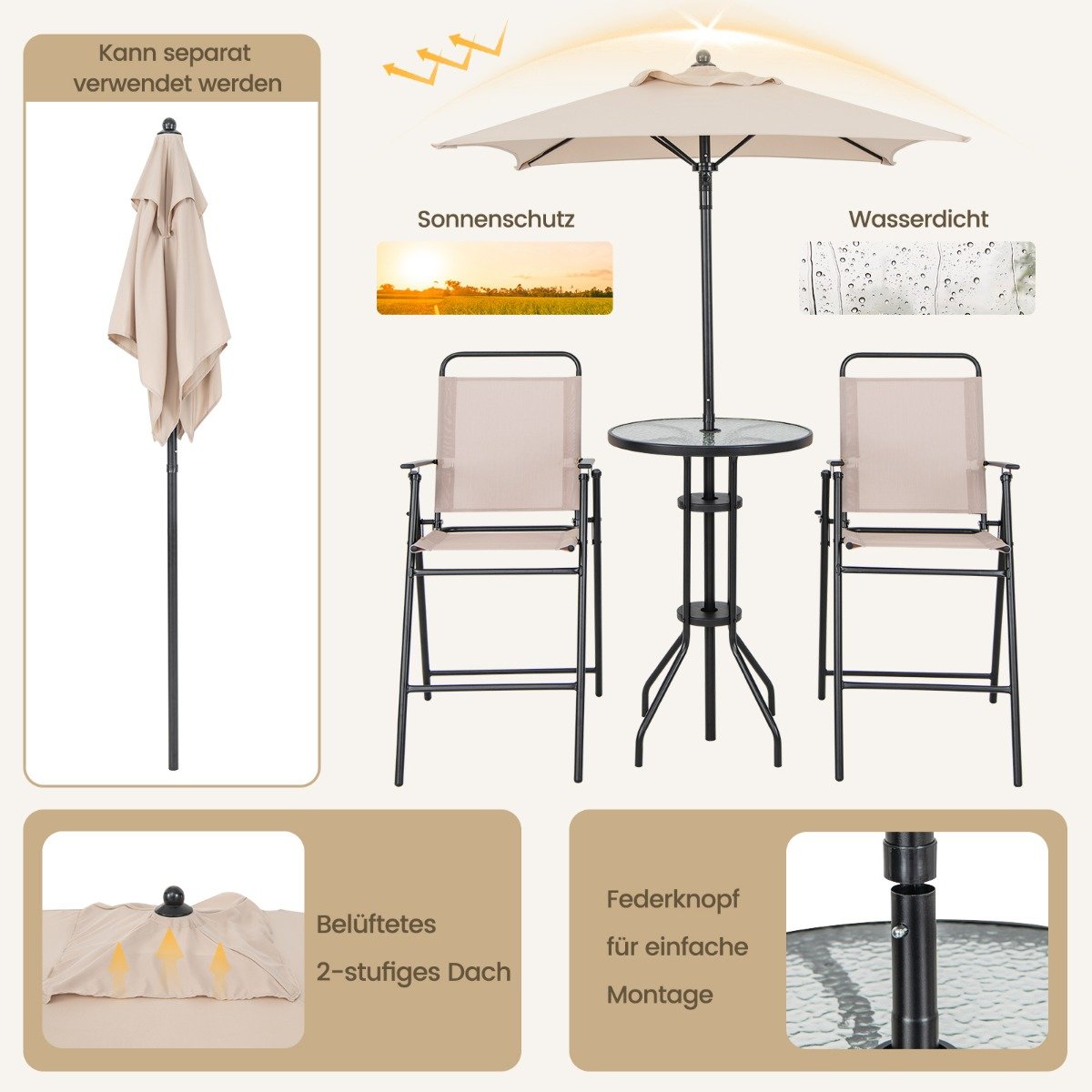 4 tlg. Outdoor Bar-Set Runder Bartisch mit 2 Klappbaren Barhockern & Sonnenschirm Beige
