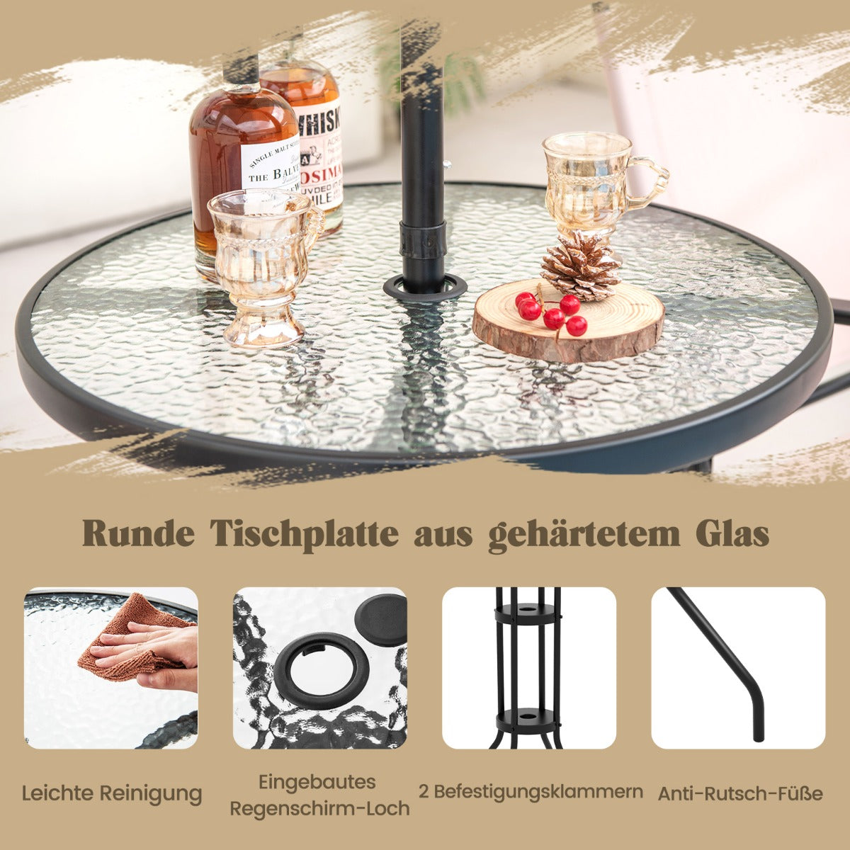 4 tlg. Outdoor Bar-Set Runder Bartisch mit 2 Klappbaren Barhockern & Sonnenschirm Beige