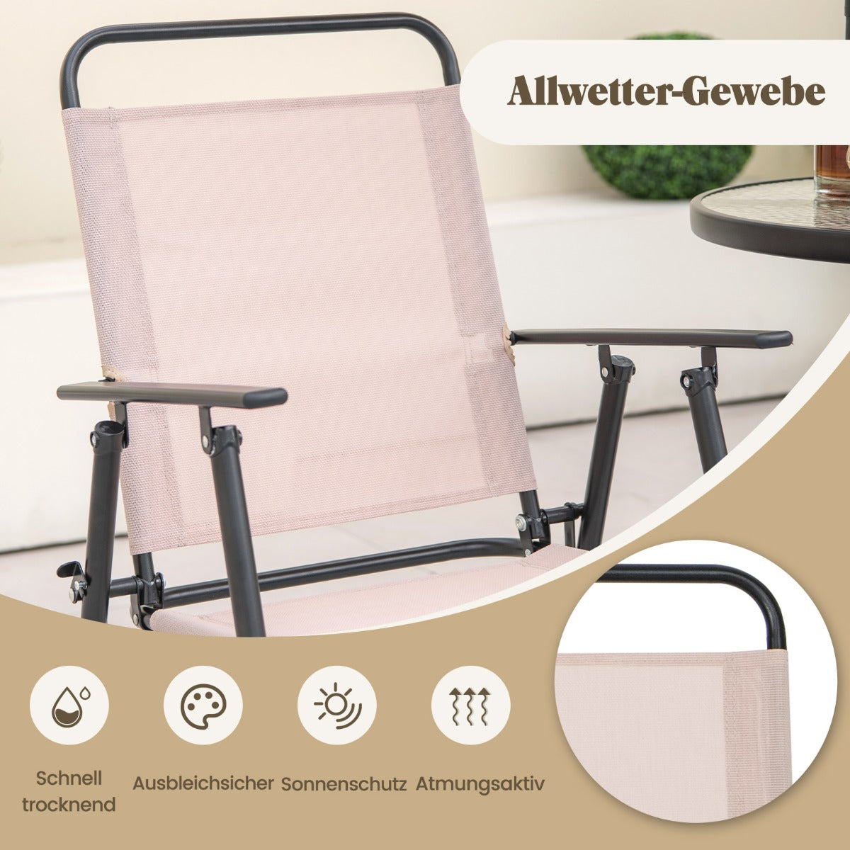 4 tlg. Outdoor Bar-Set Runder Bartisch mit 2 Klappbaren Barhockern & Sonnenschirm Beige