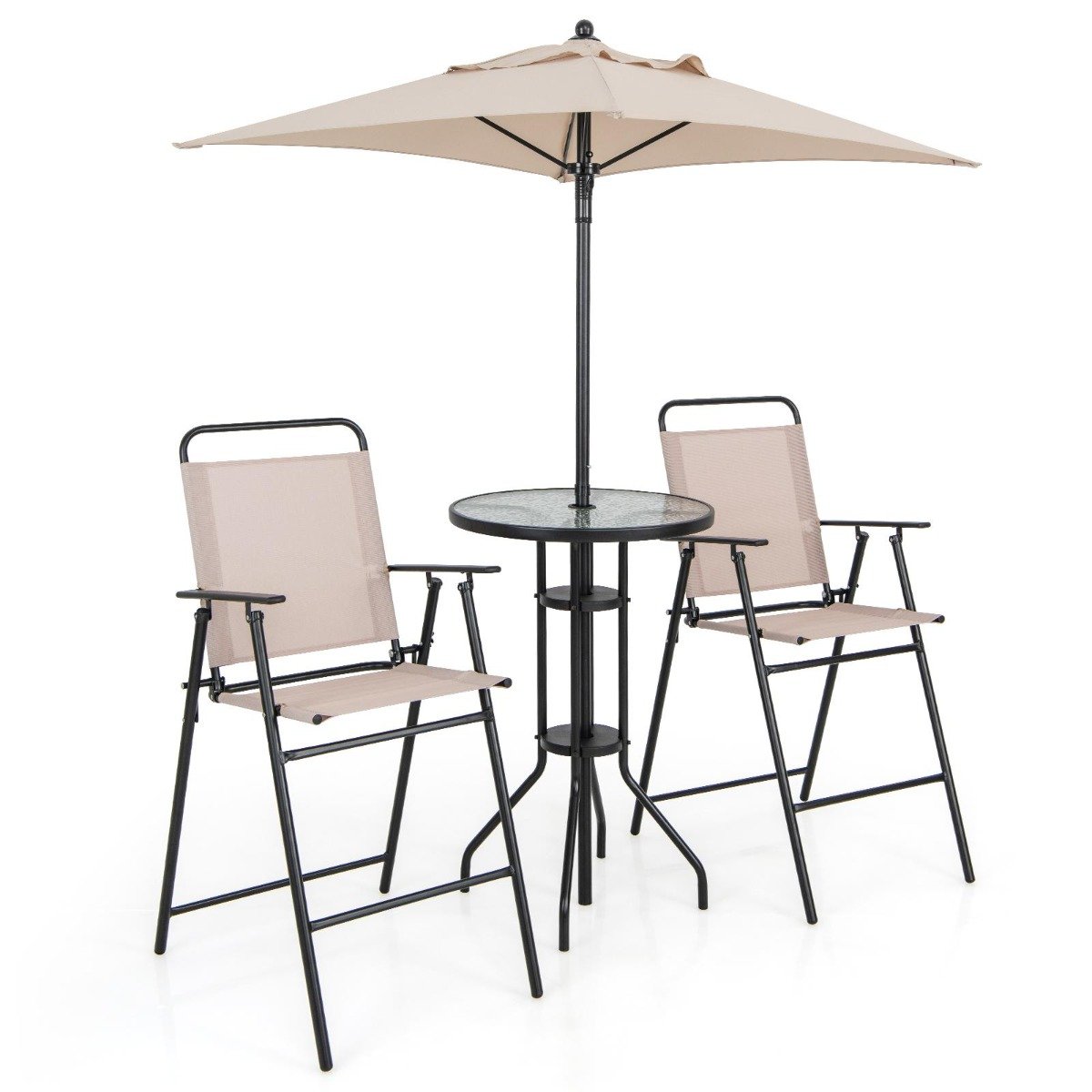 4 tlg. Outdoor Bar-Set Runder Bartisch mit 2 Klappbaren Barhockern & Sonnenschirm Beige