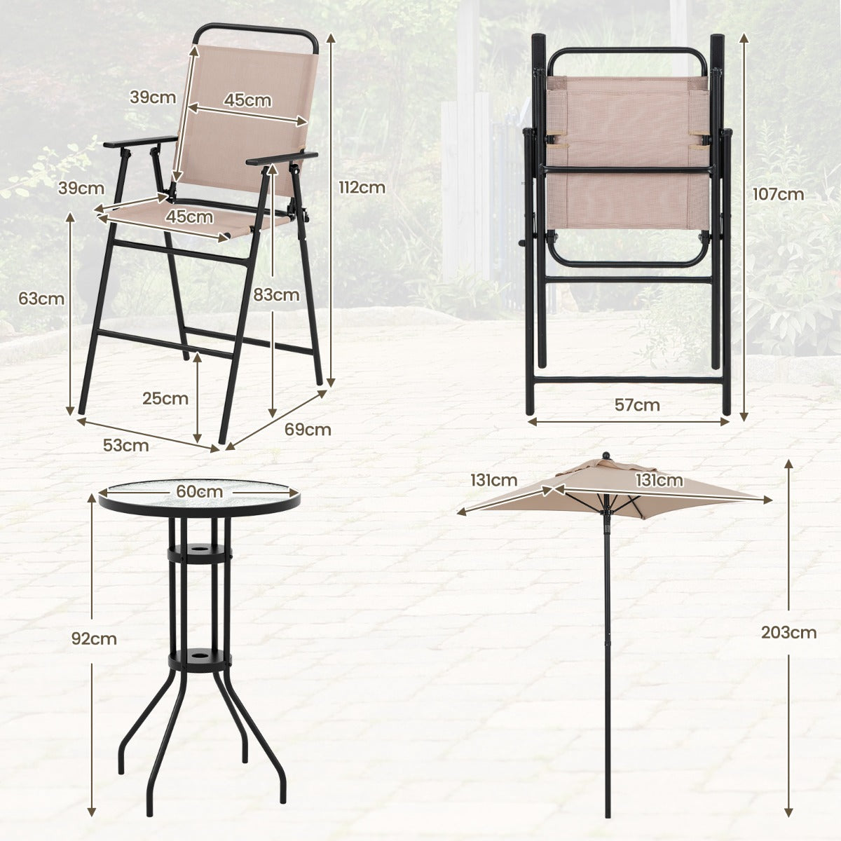 4 tlg. Outdoor Bar-Set Runder Bartisch mit 2 Klappbaren Barhockern & Sonnenschirm Beige