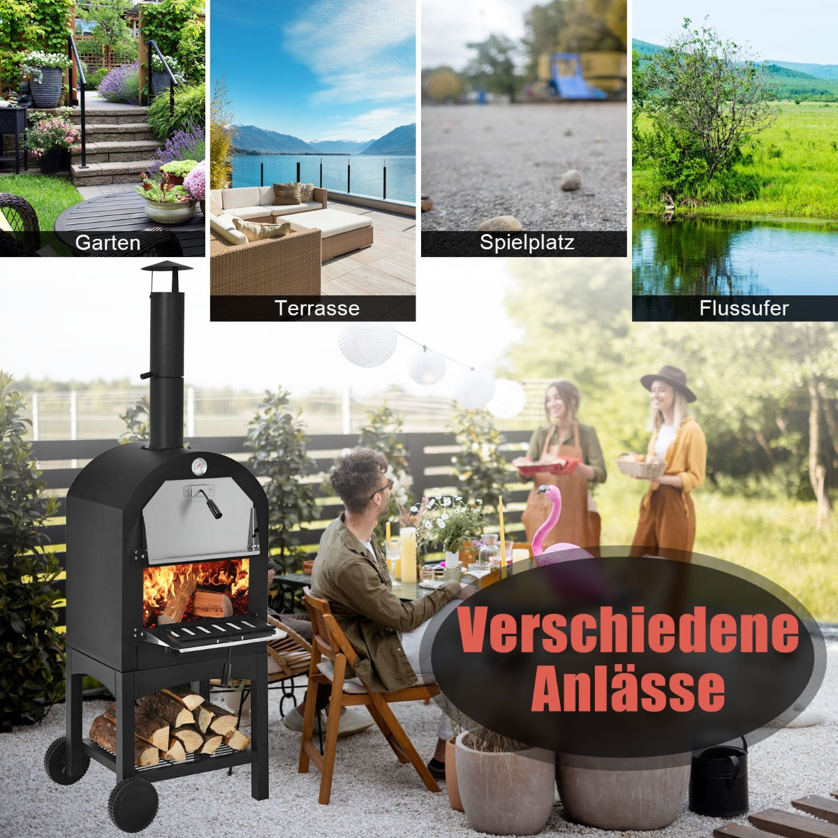 Holzbefeuerter Pizzaofen freistehender Gartengrill mit 2 Rädern robuster Pizzagrill für den Außenbereich