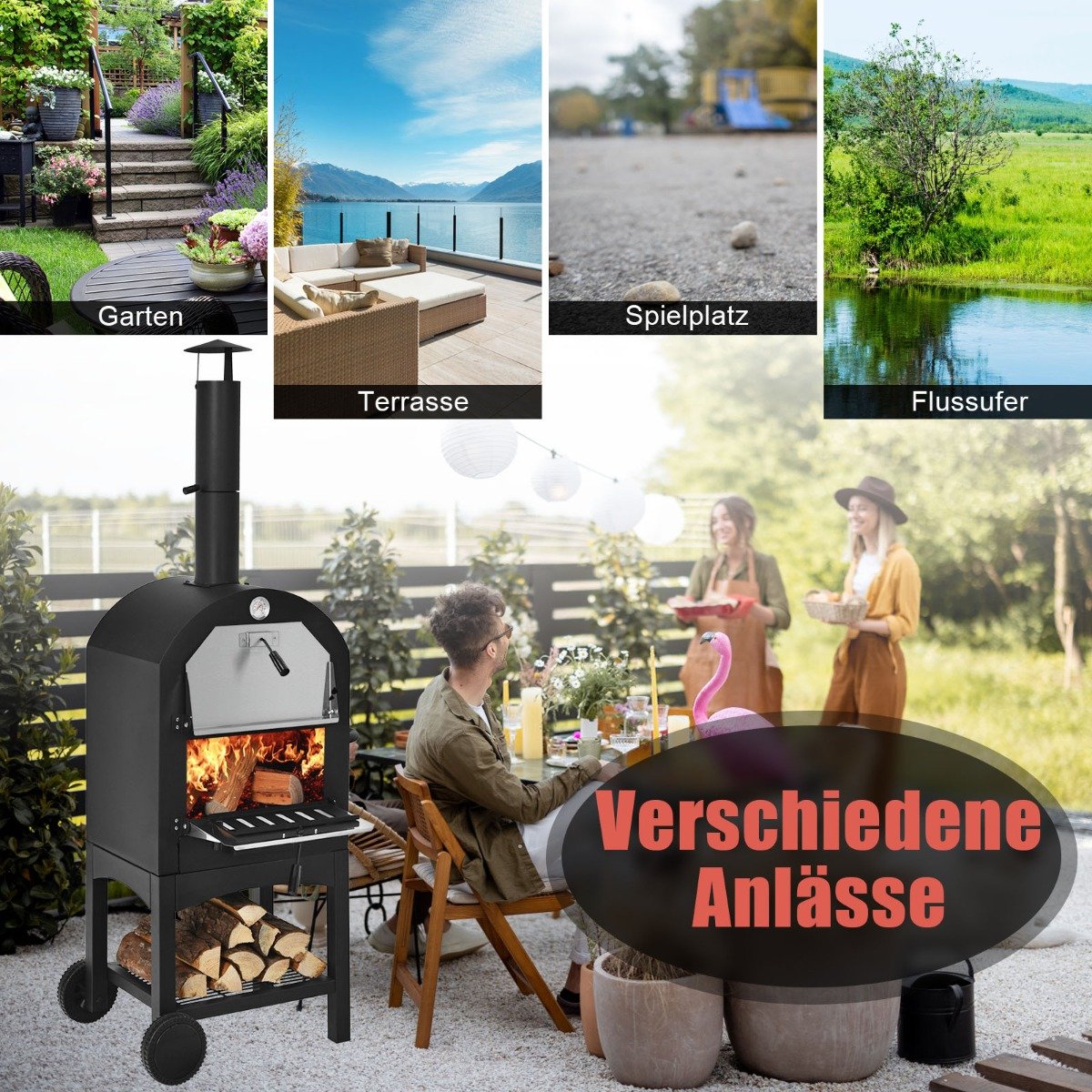 Holzbefeuerter Pizzaofen freistehender Gartengrill mit 2 Rädern robuster Pizzagrill für den Außenbereich