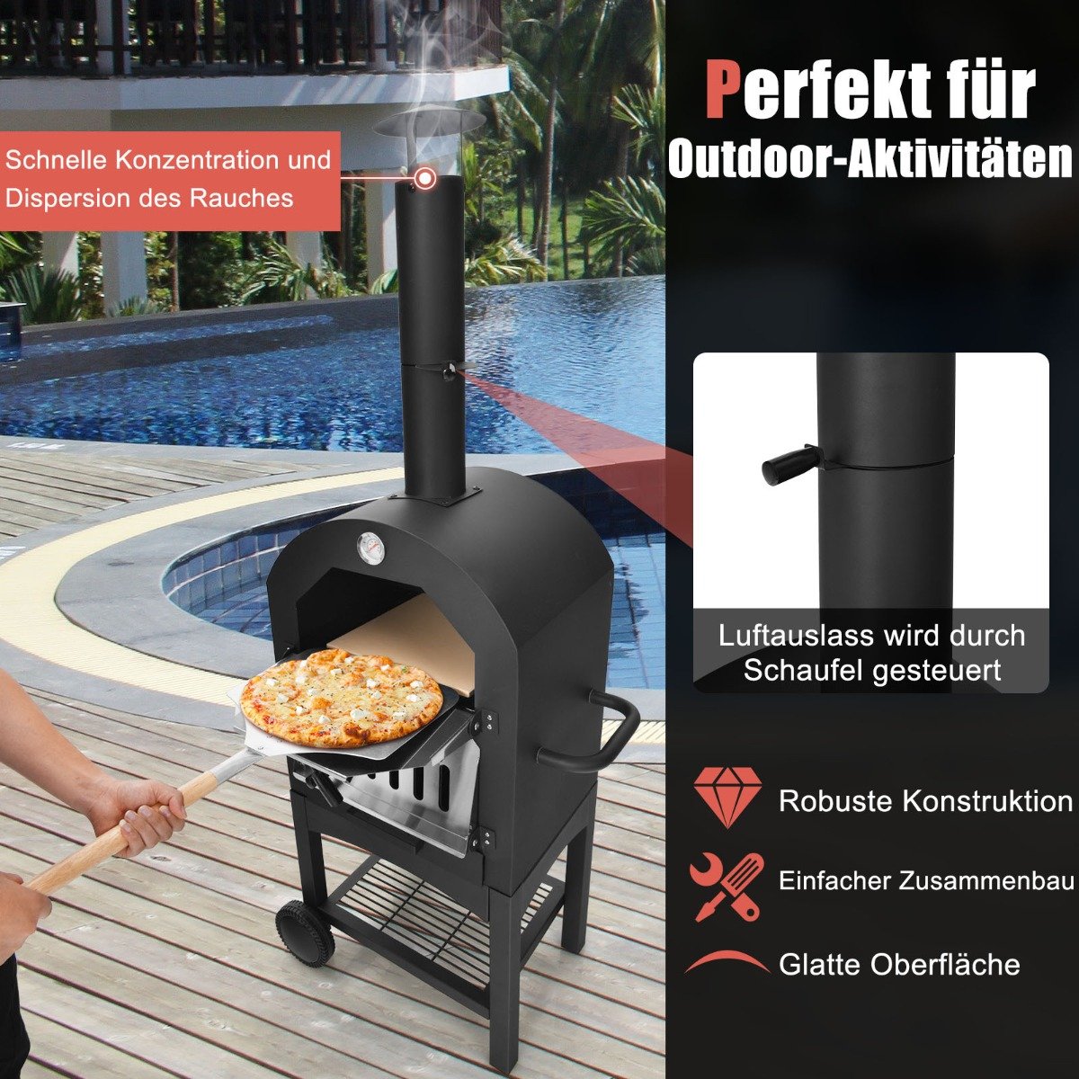 Holzbefeuerter Pizzaofen freistehender Gartengrill mit 2 Rädern robuster Pizzagrill für den Außenbereich