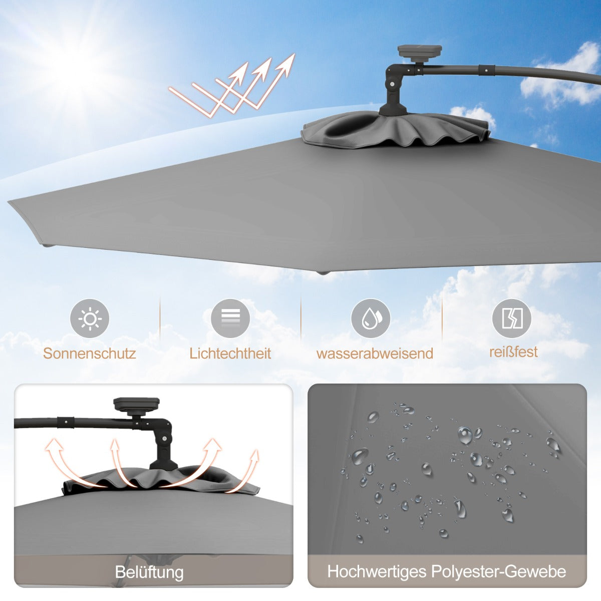 300 cm Sonnenschirm mit 32 Solar-LED-Leuchten  Kurbel Gartenschirm Marktschirm Grau