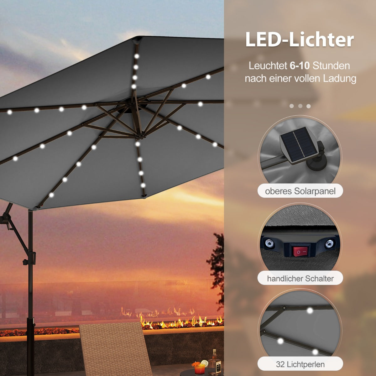 300 cm Sonnenschirm mit 32 Solar-LED-Leuchten  Kurbel Gartenschirm Marktschirm Grau