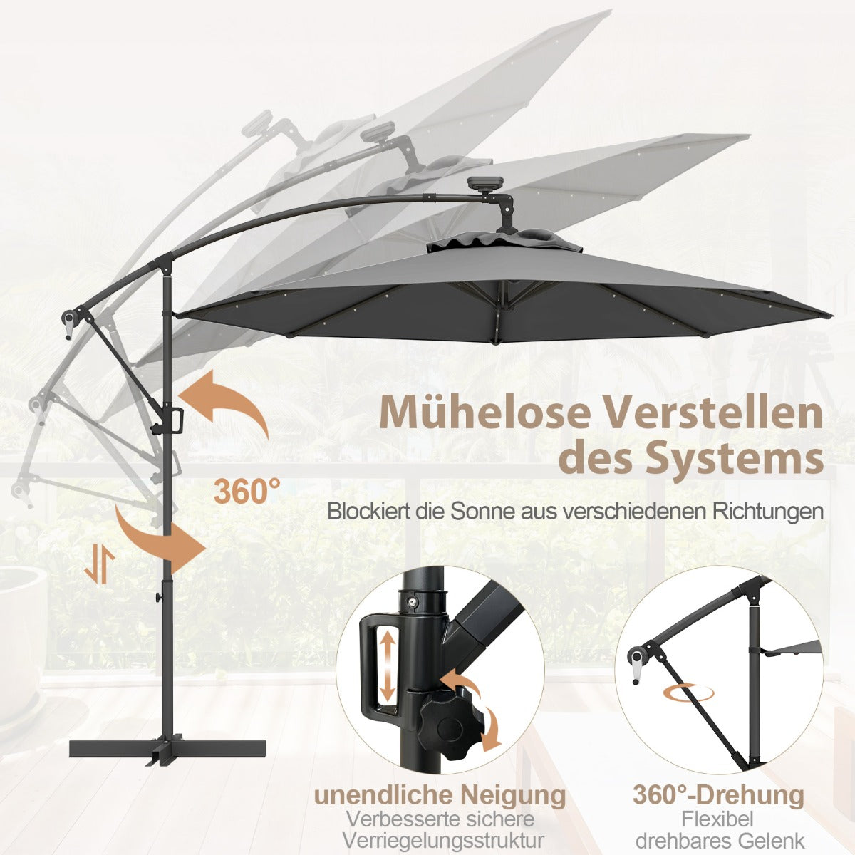 300 cm Sonnenschirm mit 32 Solar-LED-Leuchten  Kurbel Gartenschirm Marktschirm Grau