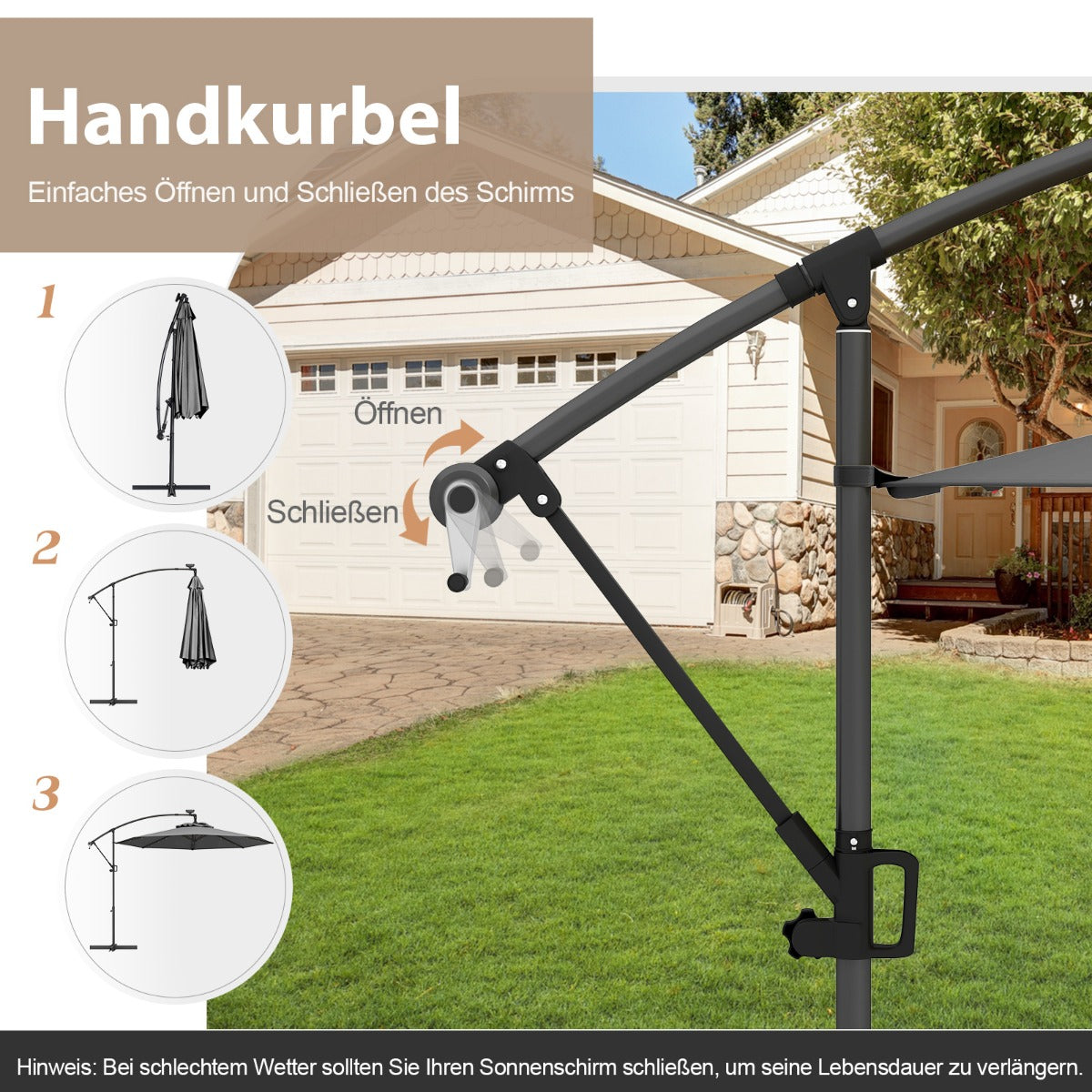 300 cm Sonnenschirm mit 32 Solar-LED-Leuchten  Kurbel Gartenschirm Marktschirm Grau
