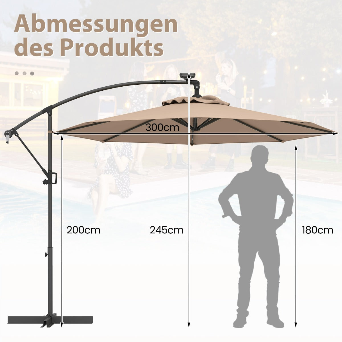 300 cm Sonnenschirm mit 32 Solar-LED-Leuchten  Kurbel Gartenschirm Marktschirm Braun