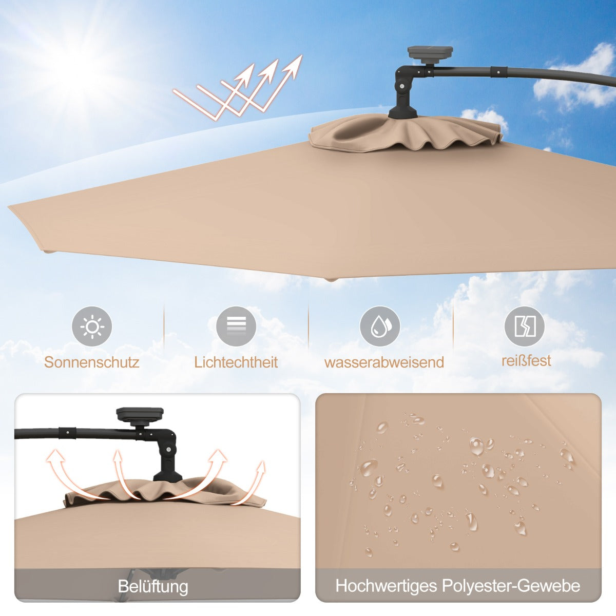 300 cm Sonnenschirm mit 32 Solar-LED-Leuchten  Kurbel Gartenschirm Marktschirm Braun