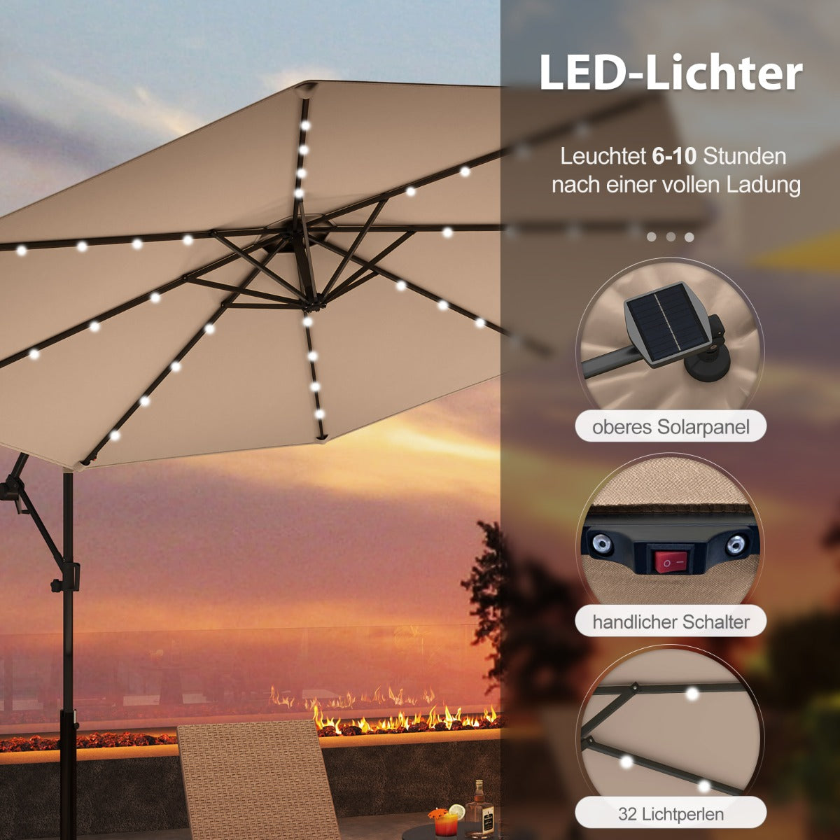 300 cm Sonnenschirm mit 32 Solar-LED-Leuchten  Kurbel Gartenschirm Marktschirm Braun