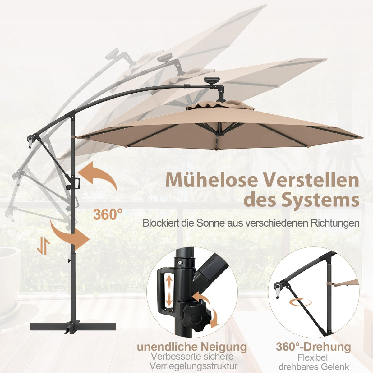 300 cm Sonnenschirm mit 32 Solar-LED-Leuchten  Kurbel Gartenschirm Marktschirm Braun