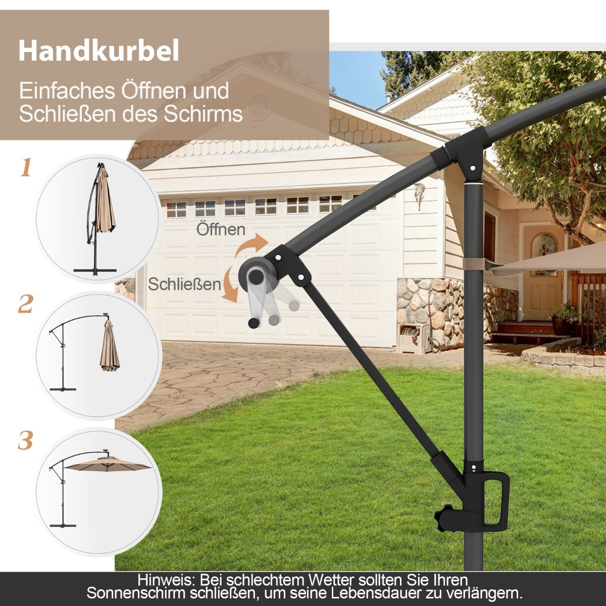 300 cm Sonnenschirm mit 32 Solar-LED-Leuchten  Kurbel Gartenschirm Marktschirm Braun