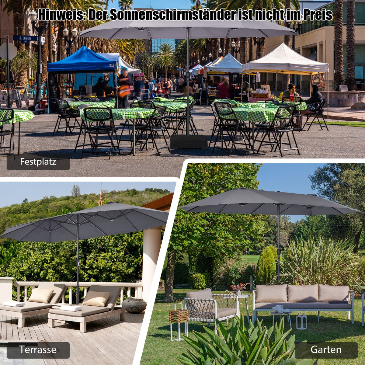 480 cm Doppelsonnenschirm Marktschirm mit Kurbel Gartenschirm Terrassenschirm Dunkelgrau