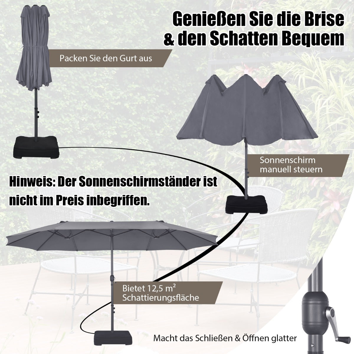 480 cm Doppelsonnenschirm Marktschirm mit Kurbel Gartenschirm Terrassenschirm Dunkelgrau