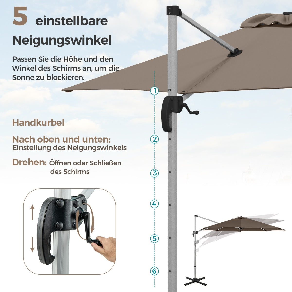330 cm Sonnenschirm mit Kurbel  360° Drehbarer Ampelschirm Gartenschirm Braun