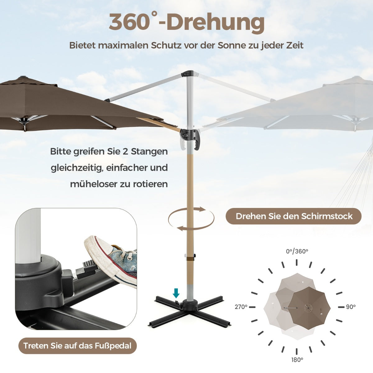 330 cm Sonnenschirm mit Kurbel  360° Drehbarer Ampelschirm Gartenschirm Braun