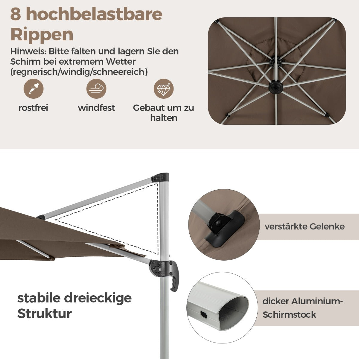 330 cm Sonnenschirm mit Kurbel  360° Drehbarer Ampelschirm Gartenschirm Braun