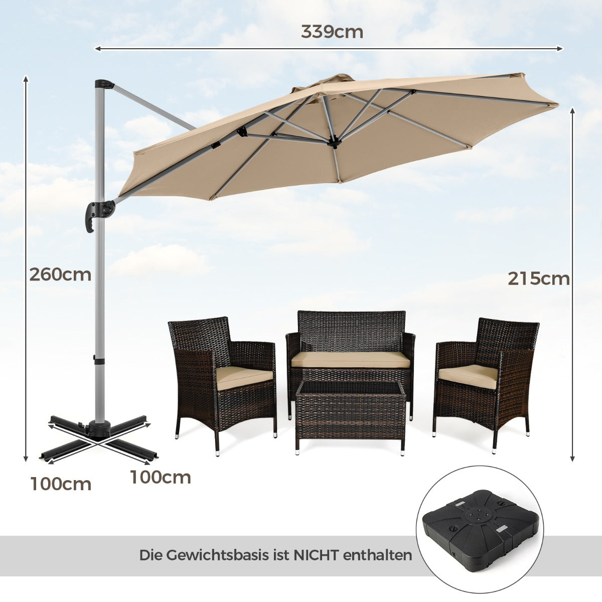330 cm Sonnenschirm mit Kurbel 360° Drehbarer Ampelschirm Gartenschirm Beige
