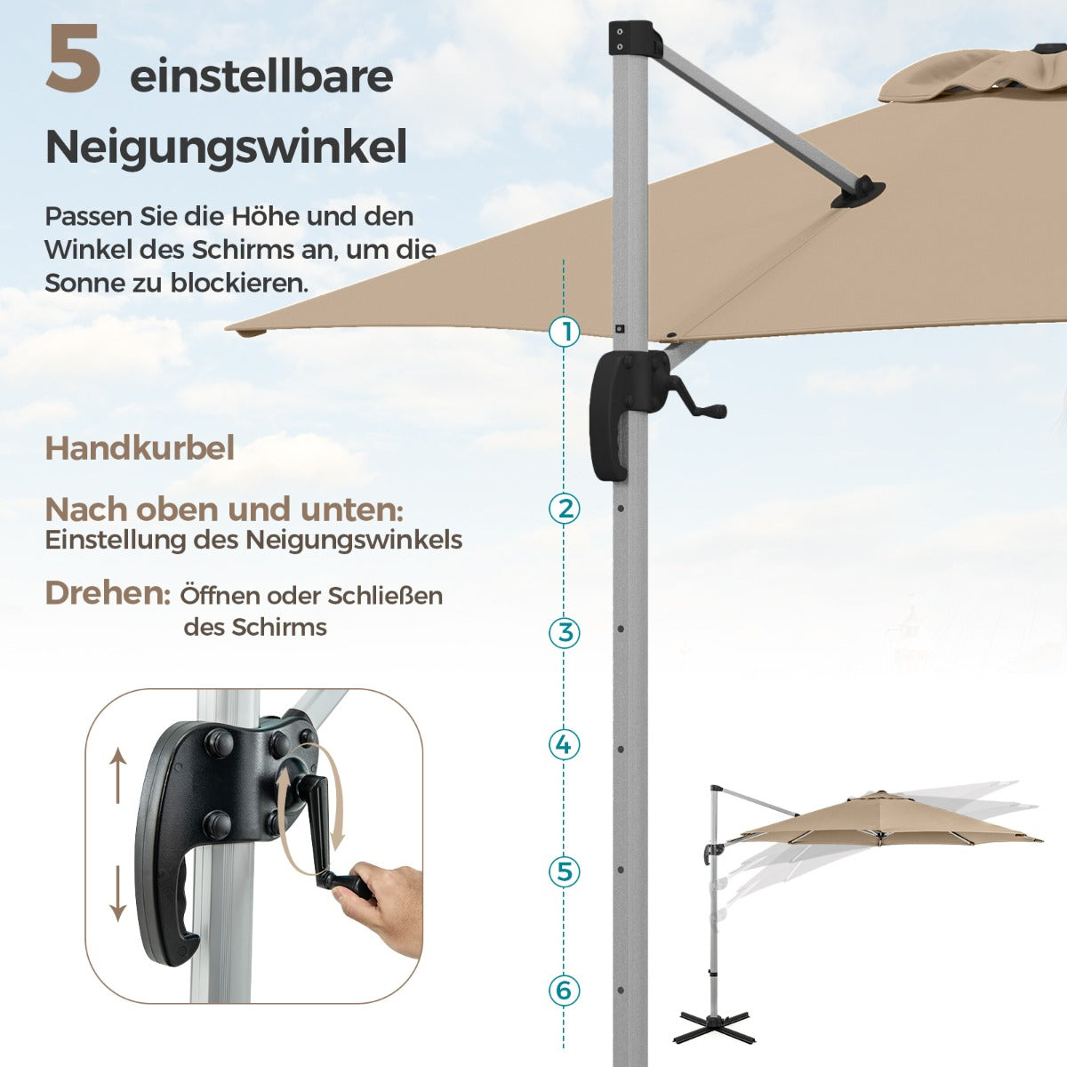 330 cm Sonnenschirm mit Kurbel 360° Drehbarer Ampelschirm Gartenschirm Beige