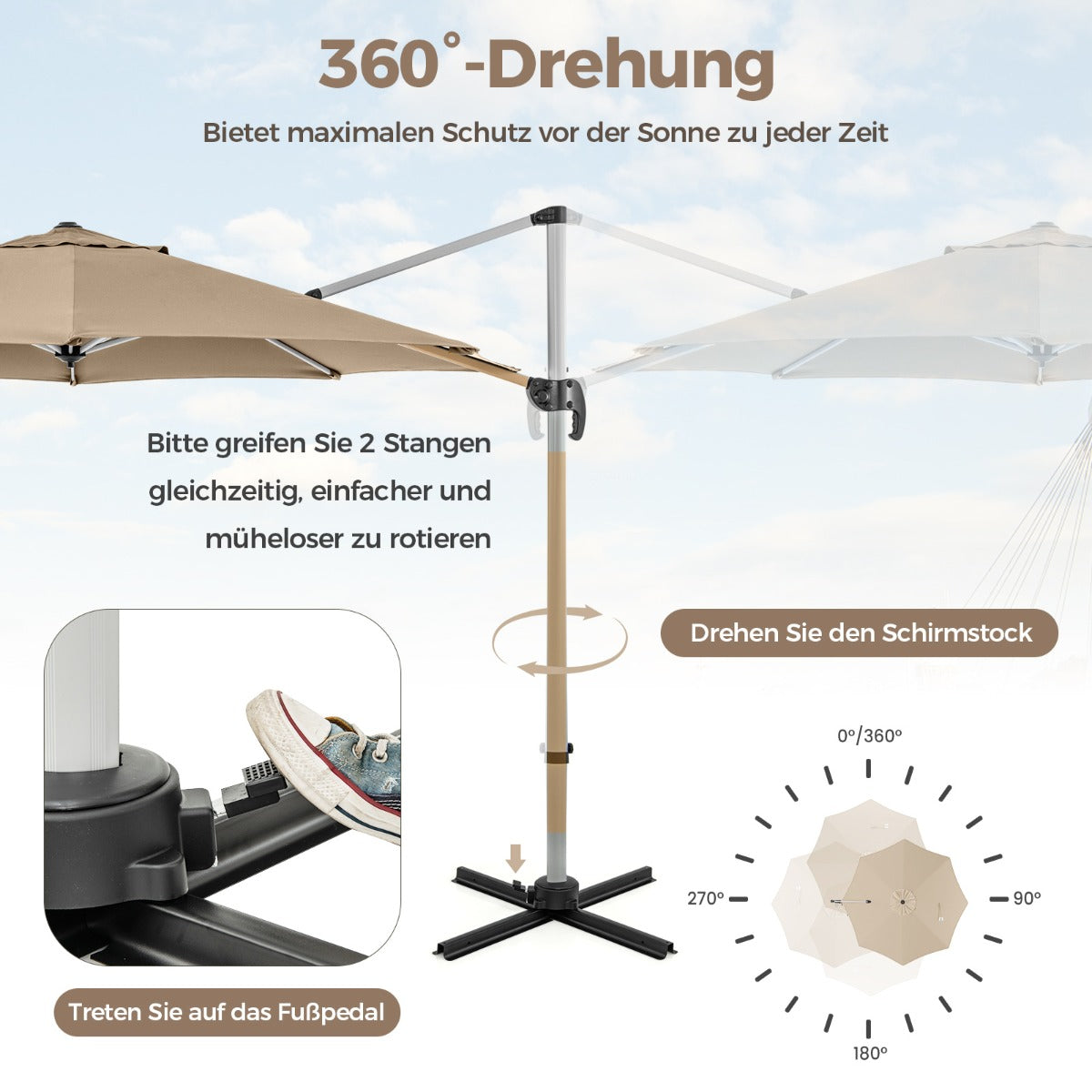 330 cm Sonnenschirm mit Kurbel 360° Drehbarer Ampelschirm Gartenschirm Beige