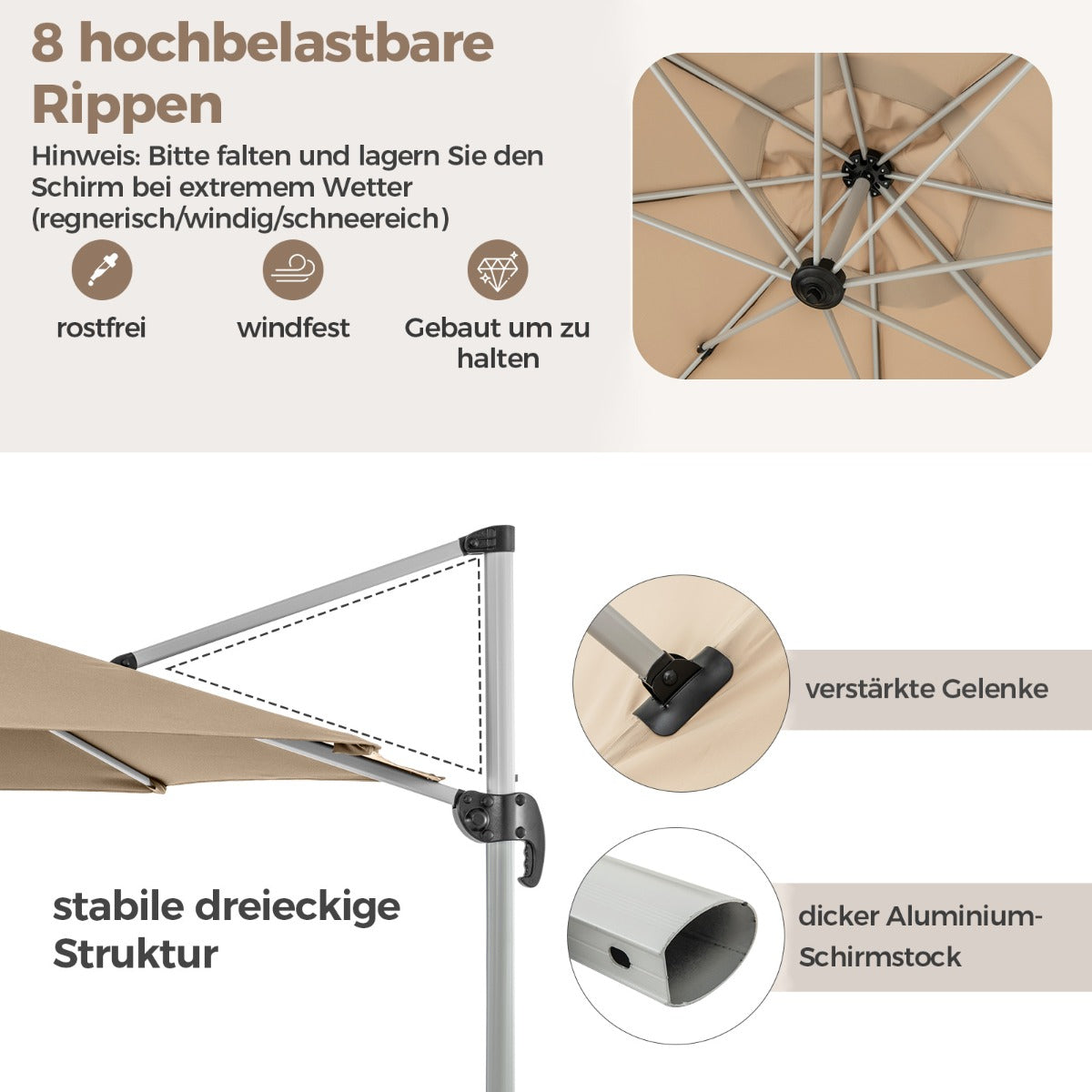 330 cm Sonnenschirm mit Kurbel 360° Drehbarer Ampelschirm Gartenschirm Beige