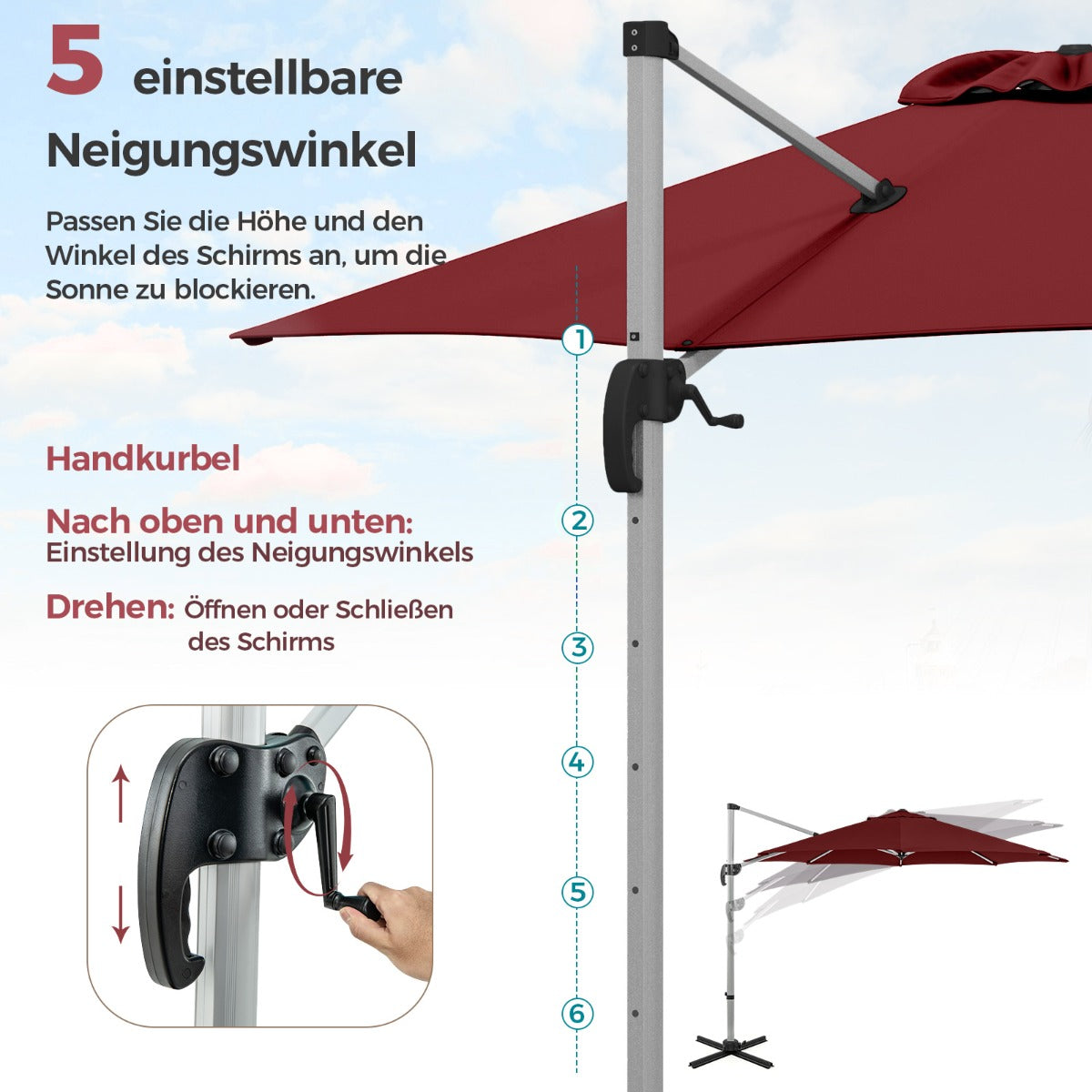 330 cm Sonnenschirm mit Kurbel  360° Drehbarer Ampelschirm Gartenschirm Rot